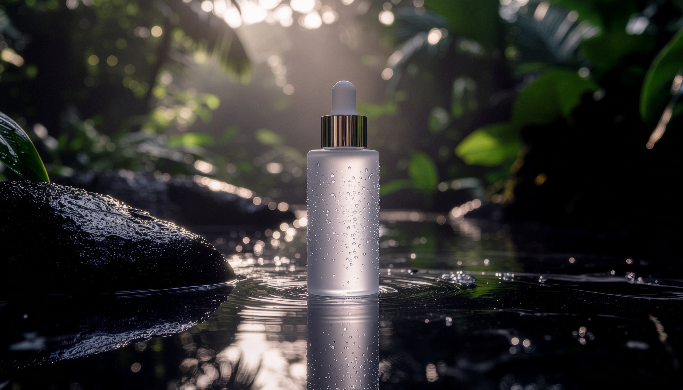 Frasco de vidro fosco com conta-gotas, posicionado em um ambiente natural exuberante, com gotas de água refletindo luz suave. O fundo é composto por vegetação densa e pedras úmidas, criando uma atmosfera de serenidade e frescor. A iluminação natural destaca o frasco, com foco nítido no objeto principal e um leve desfoque no cenário ao redor.