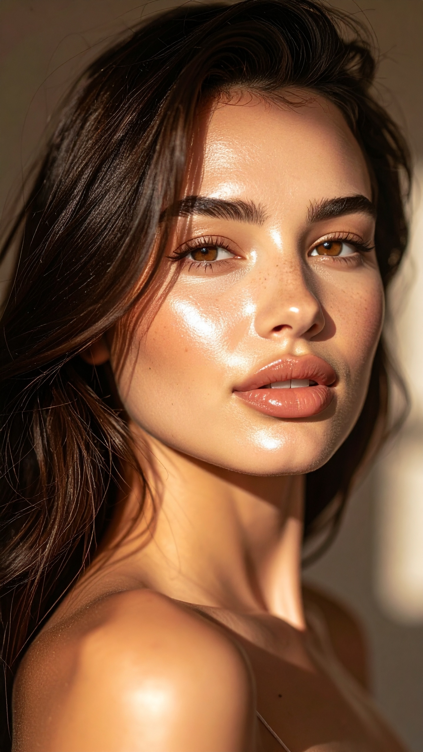 A woman with glowing skin is illuminated by soft natural light
