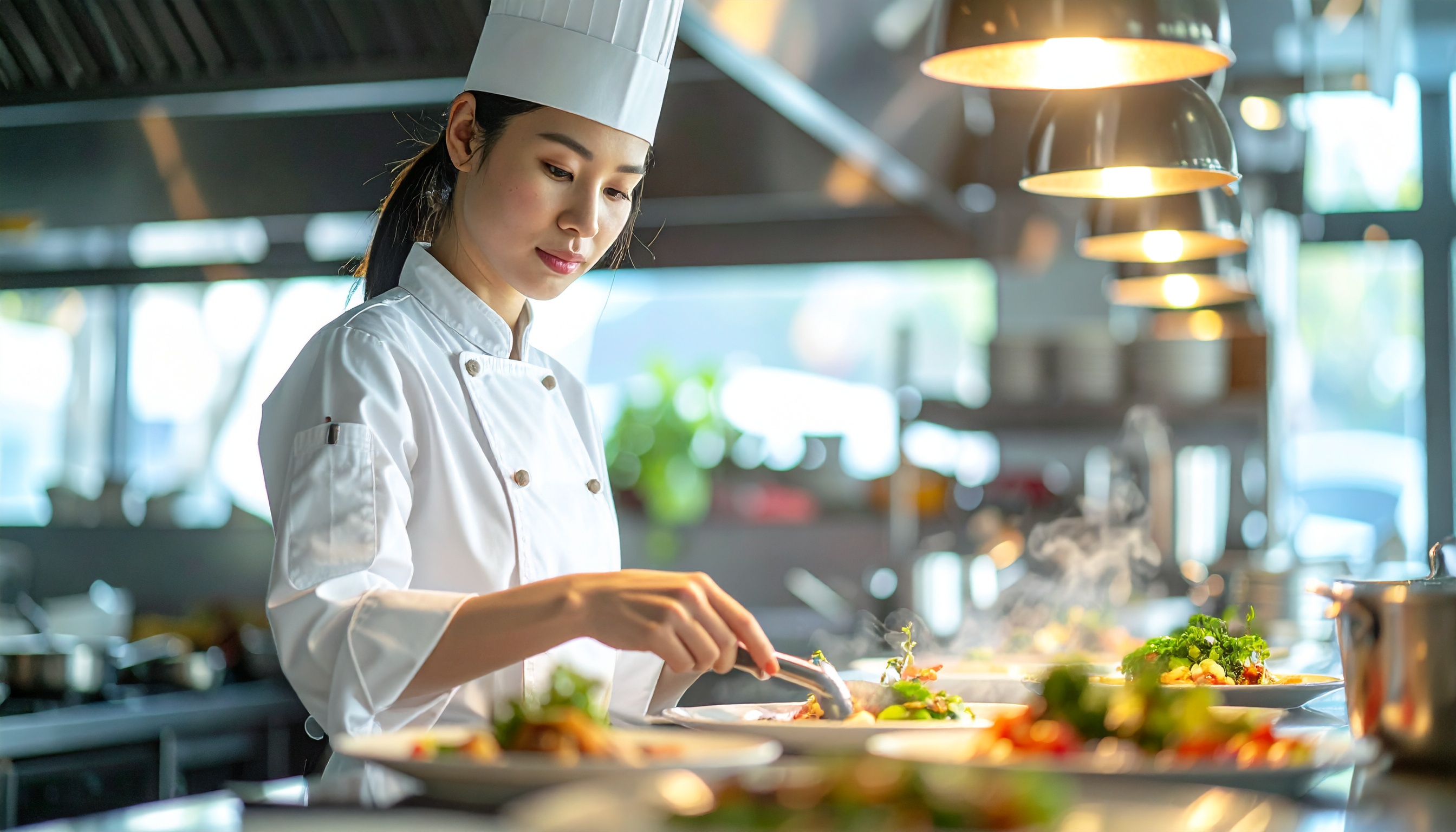 A professional chef skillfully garnishes dishes under warm kitchen lighting