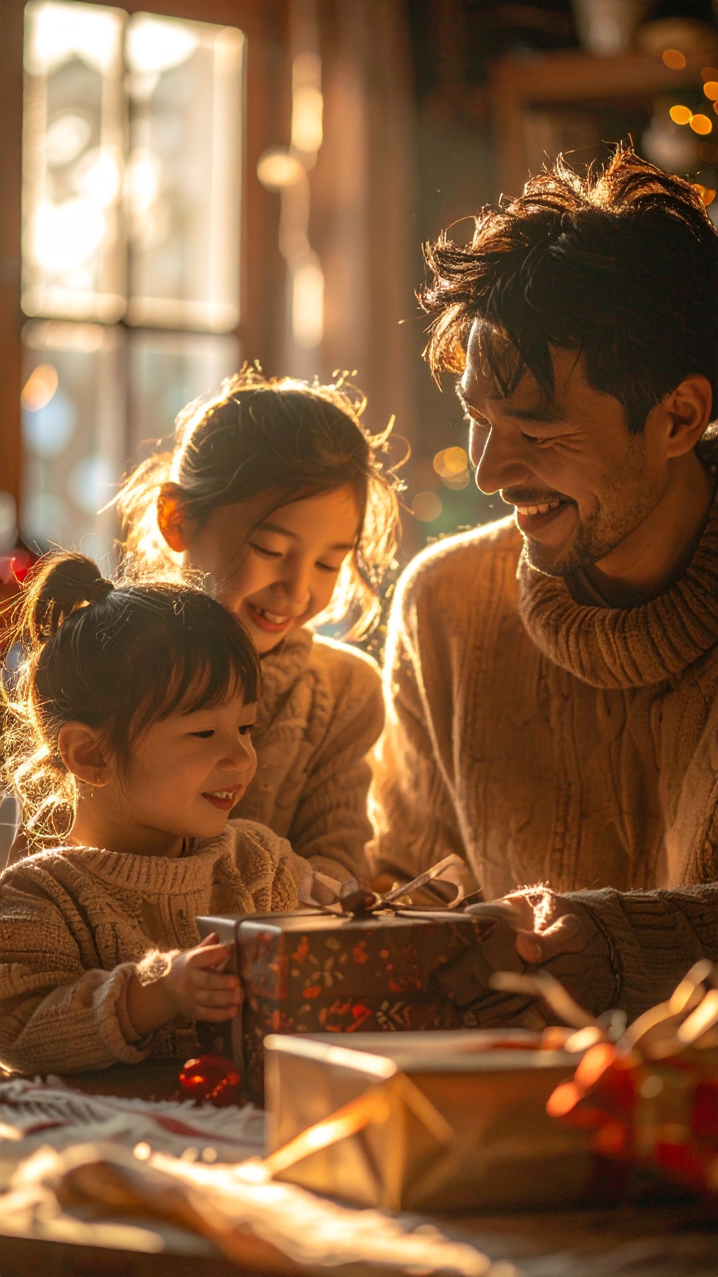 A family shares a joyful moment by a sunlit window, highlighting emotional warmth