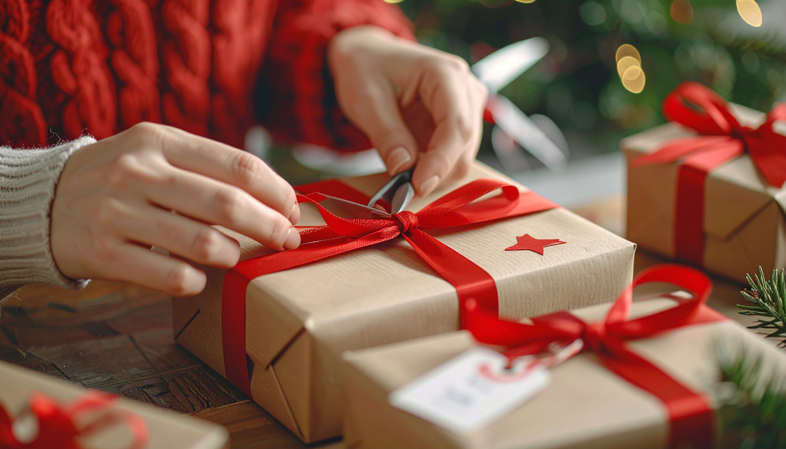 Mãos amarrando laço vermelho em presente de papel kraft com estrela decorativa, em cenário natalino, textura suave e luz suave, atmosfera acolhedora e festiva.
