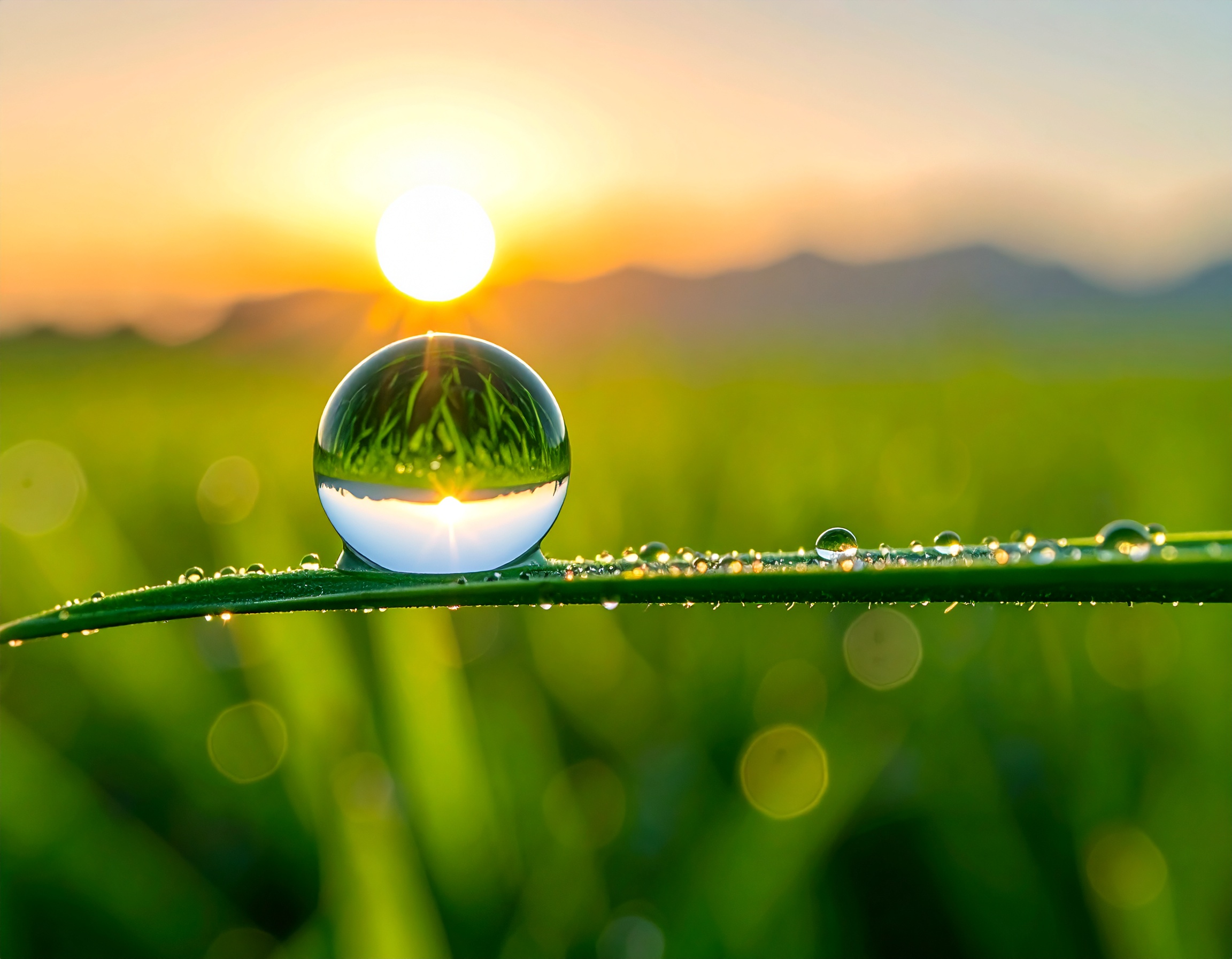 A dewdrop rests delicately on a blade of grass at sunrise