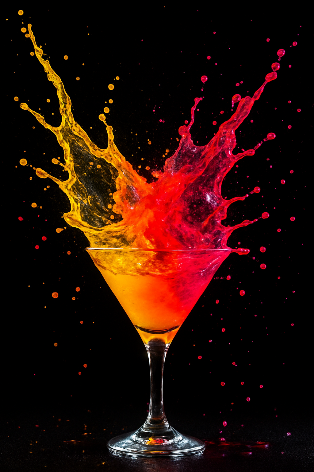 A vibrant cocktail splash captured in mid-air features a mix of red and yellow liquid