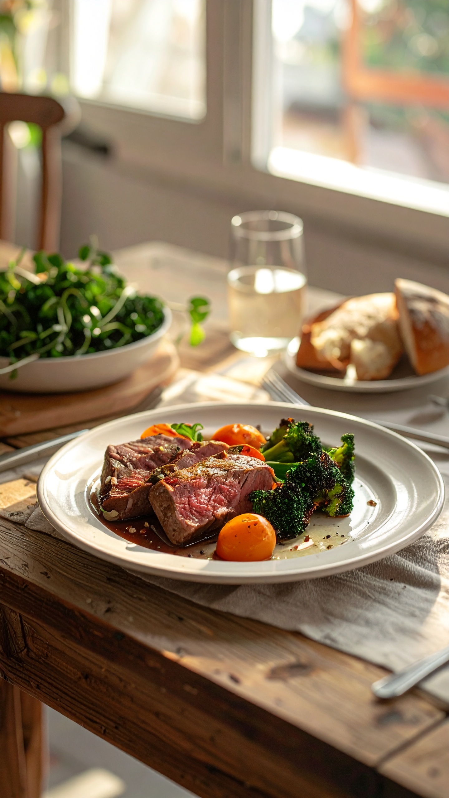 A gourmet steak meal is elegantly presented on a rustic wooden table