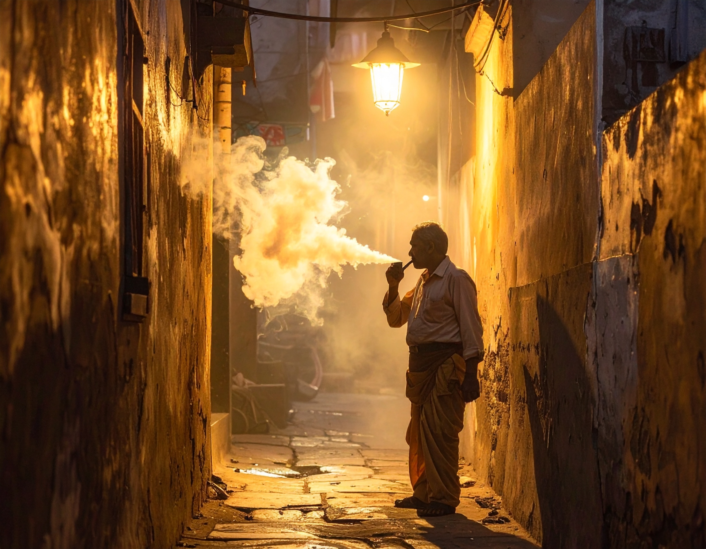 A man stands in a narrow, dimly-lit alley, exhaling a cloud of smoke