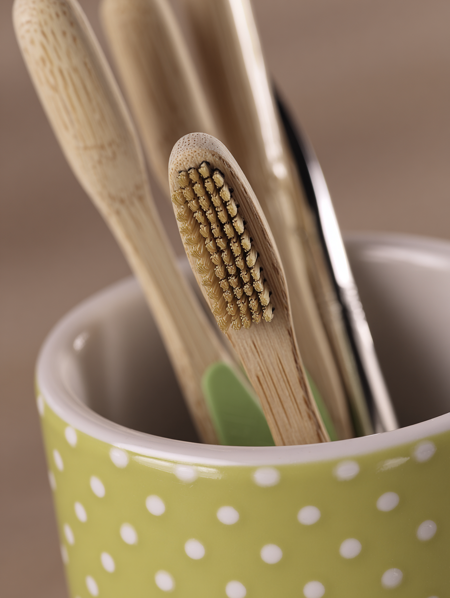 Pote de cerâmica verde com bolinhas brancas contendo escovas de dentes de bambu, iluminado de forma suave, criando um foco nas texturas naturais e padrões do bambu.
