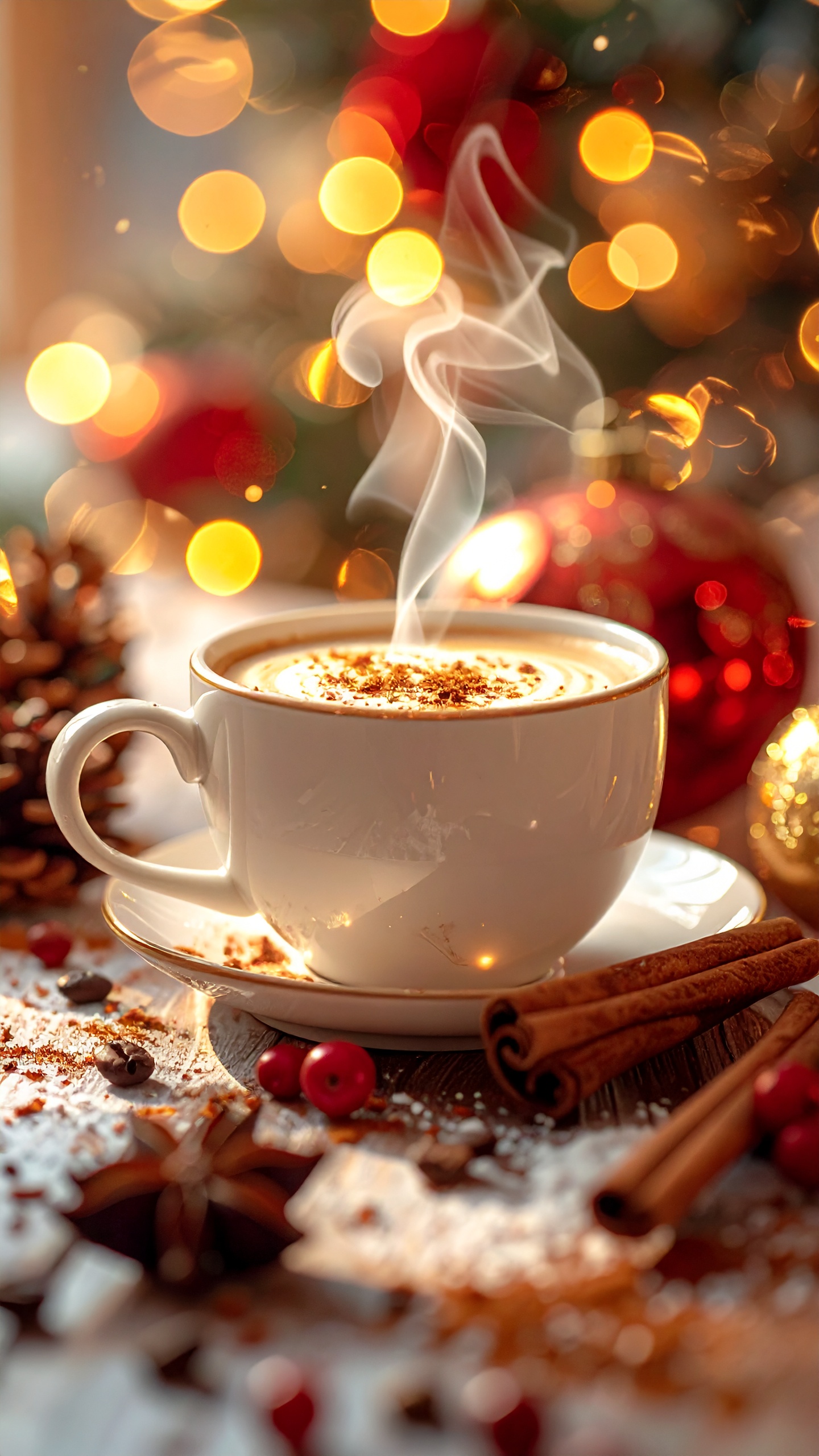 Festive Coffee Cup with Creamy Foam and Visible Steam