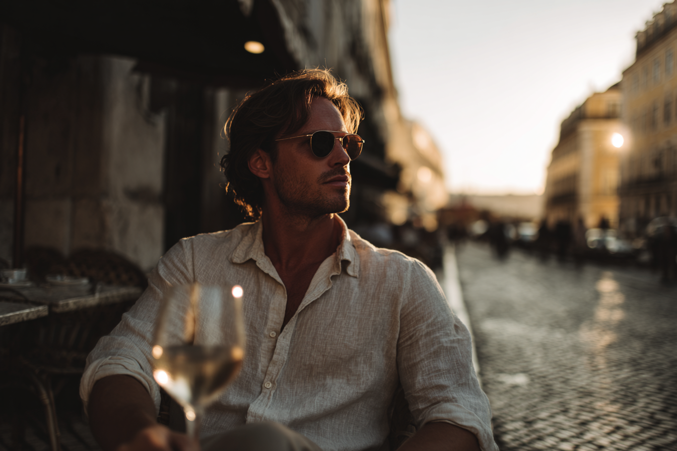 A imagem captura um homem sentado em um ambiente urbano ao entardecer. Ele veste uma camisa clara e óculos escuros, olhando para o horizonte. A luz suave do sol ilumina seu rosto, criando um contraste com o fundo mais escuro. O ambiente ao redor apresenta mesas ao ar livre e uma calçada de pedras, criando uma atmosfera relaxante.