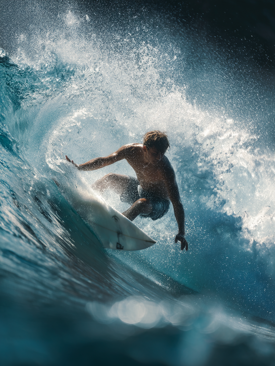 Surfista realizando manobra em uma onda poderosa, com água espirrando ao redor. A imagem captura a adrenalina do surfe em um ambiente marinho vibrante e dinâmico.