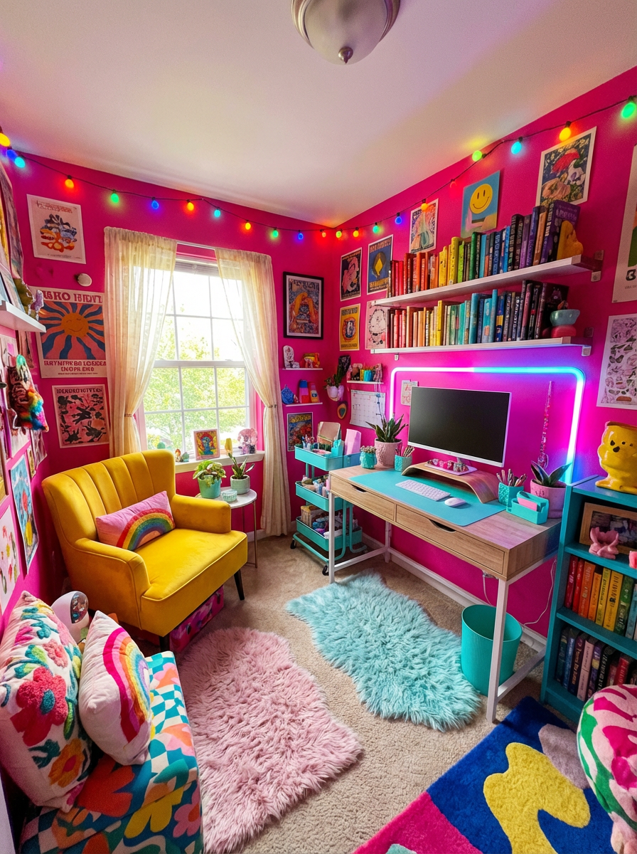 A vibrant home office with colorful decor and cozy atmosphere