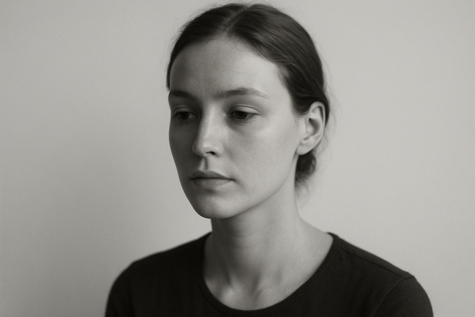 A black and white portrait of a young woman with a thoughtful expression