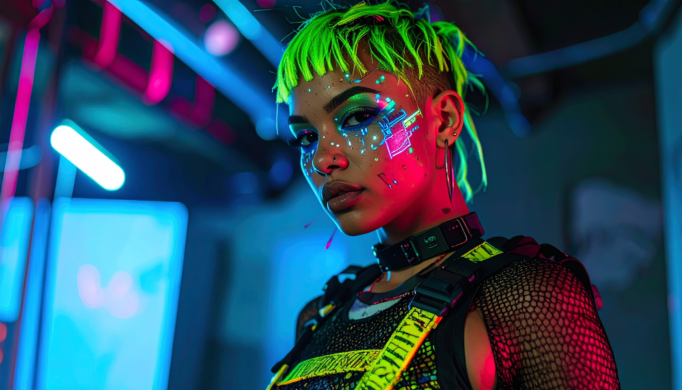 A striking model with neon green hair stands in a cyberpunk setting