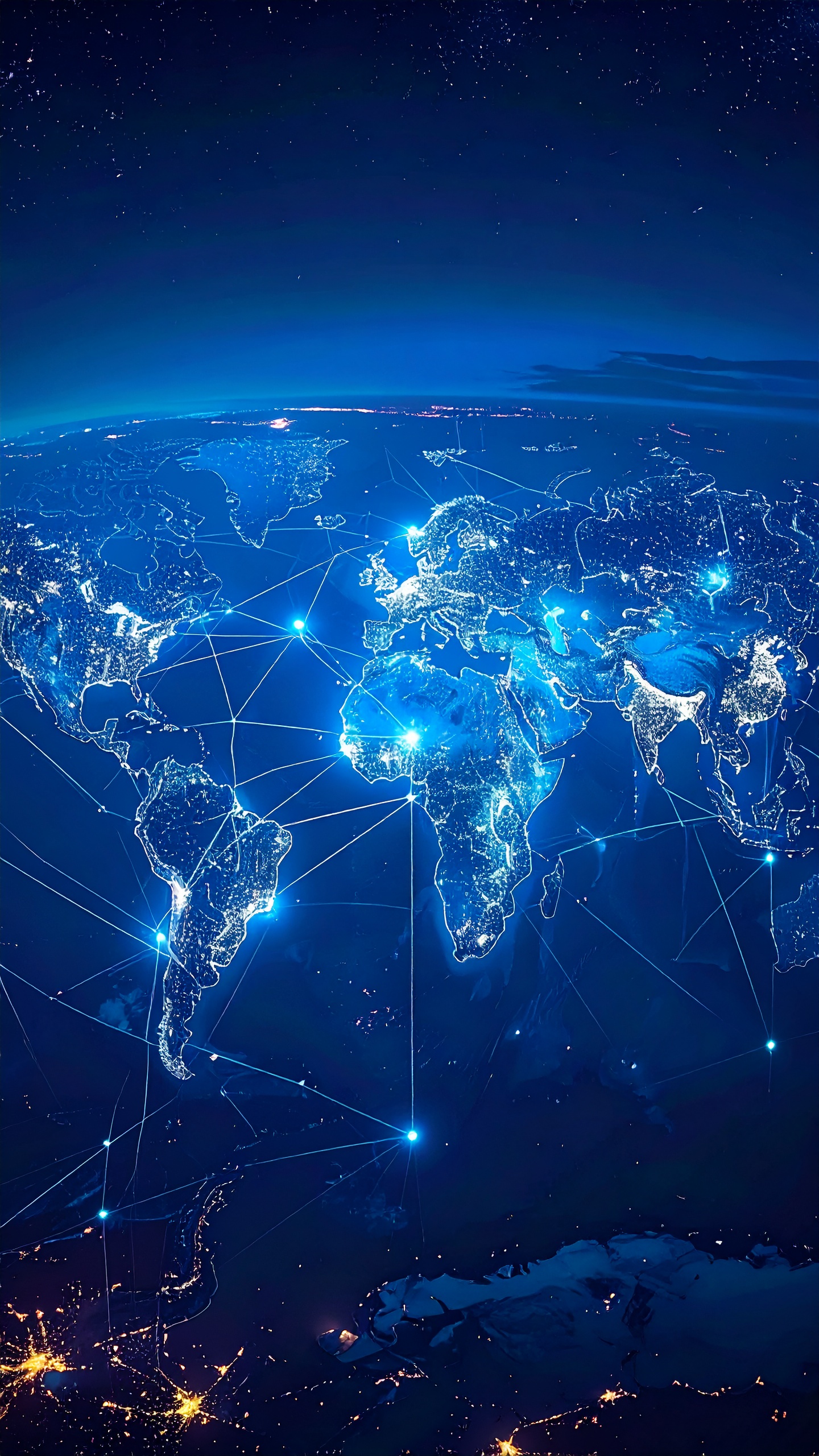 Aerial View of Earth at Night with Illuminated Continents