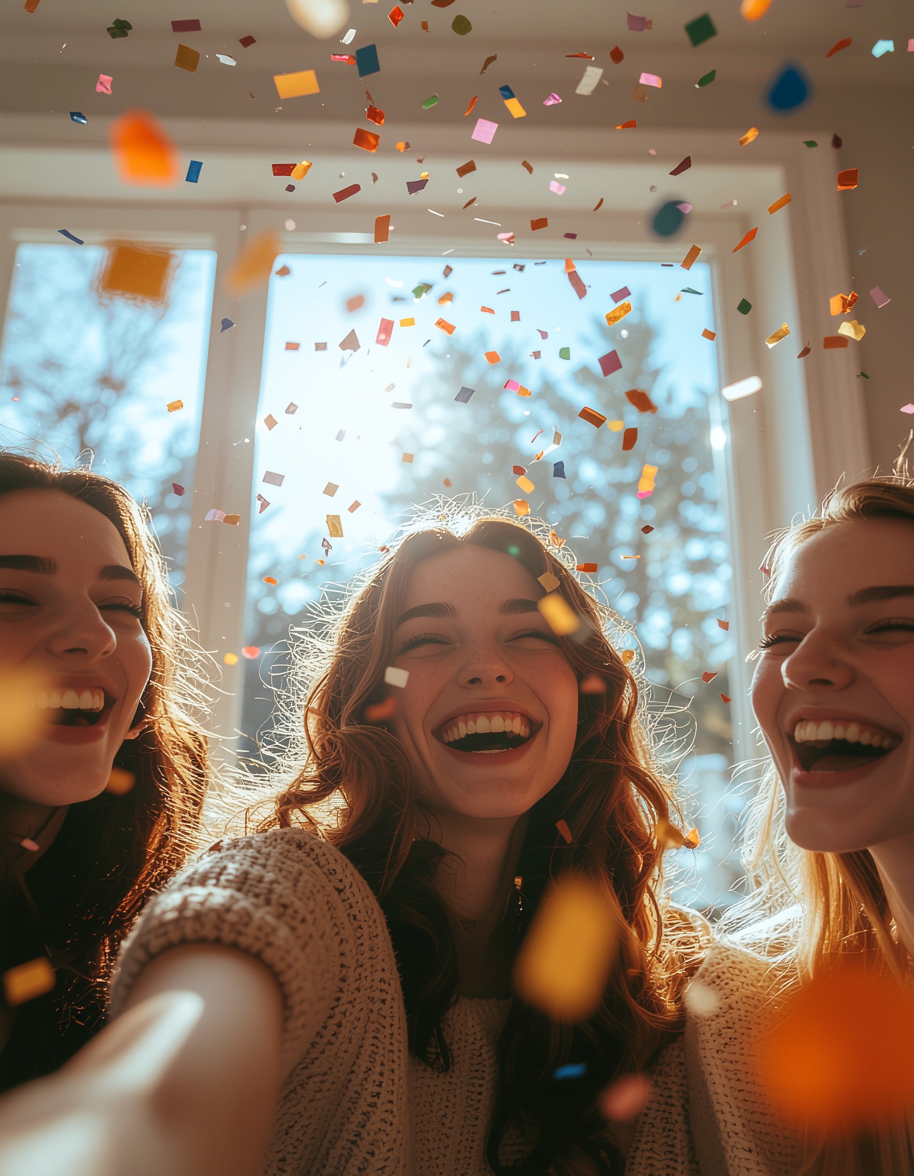 Três jovens sorrindo alegremente enquanto confetes coloridos caem, capturando um momento de celebração em um ambiente iluminado pelo sol, transmitindo felicidade e amizade.