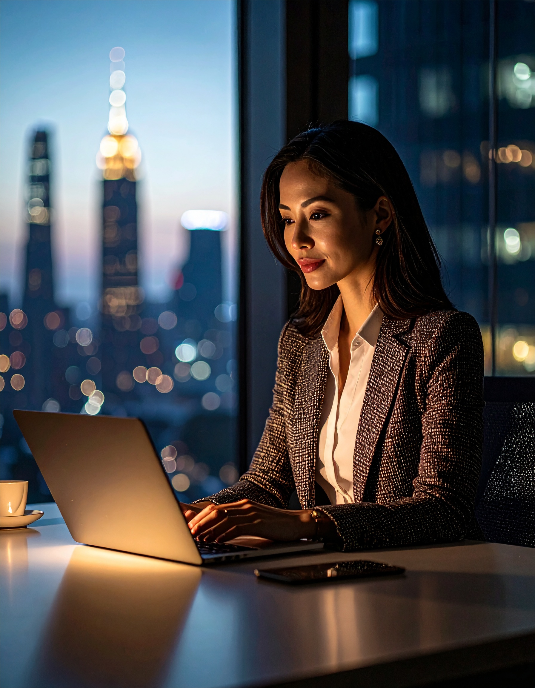 Mulher elegante trabalhando em um laptop em um escritório moderno com vista noturna urbana, transmitindo foco e profissionalismo, sob iluminação suave e ambiente contemporâneo.