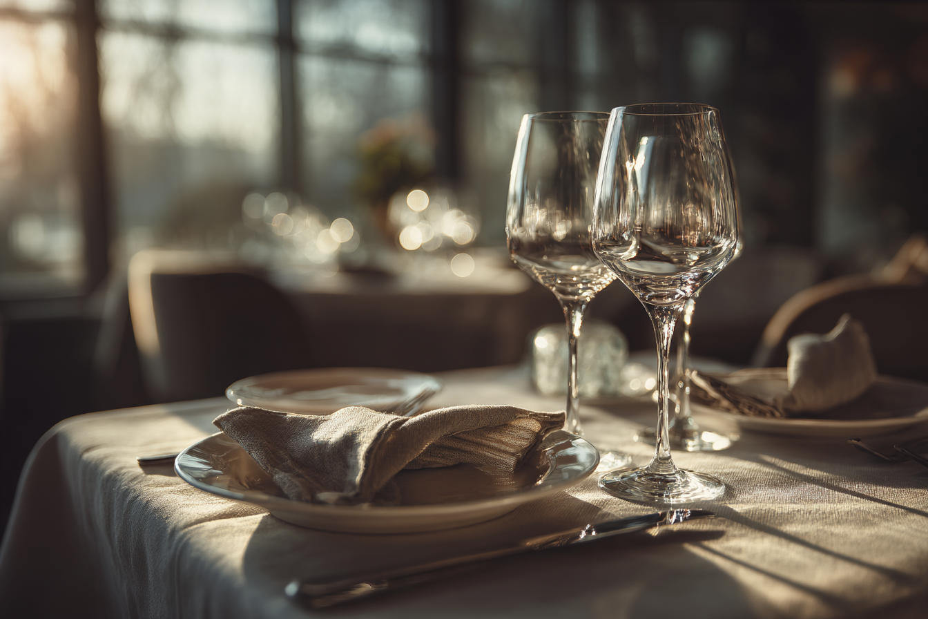 Mesa elegante de restaurante com dois copos de vinho, talheres polidos e guardanapos em um ambiente iluminado, ideal para jantares românticos ou celebrações especiais.
