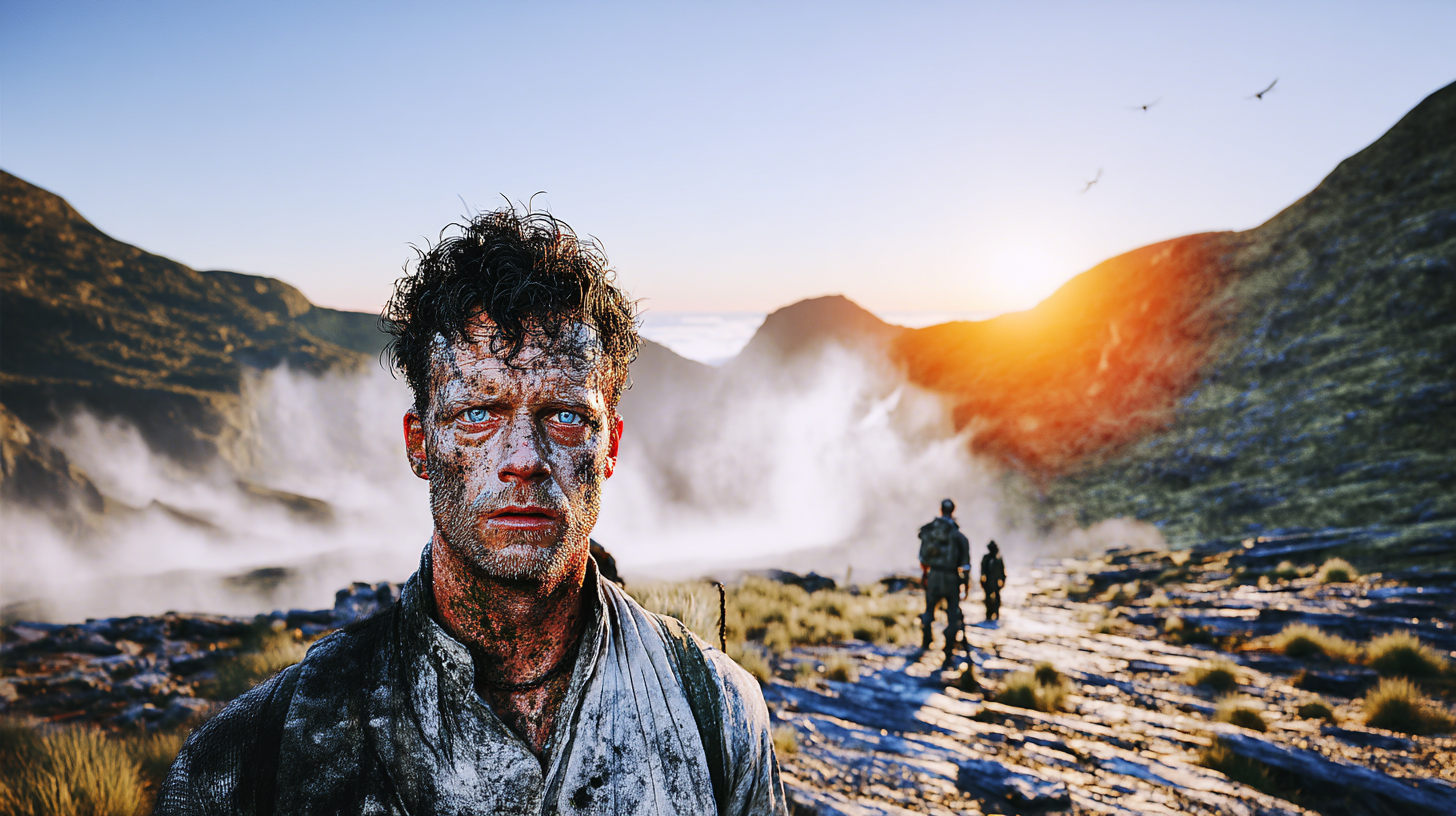 Retrato de um homem sujo e cansado com olhos azuis intensos, em um cenário montanhoso ao amanhecer. A imagem mostra uma paisagem dramática com neblina e figuras humanas caminhando ao fundo, evocando temas de luta e sobrevivência.