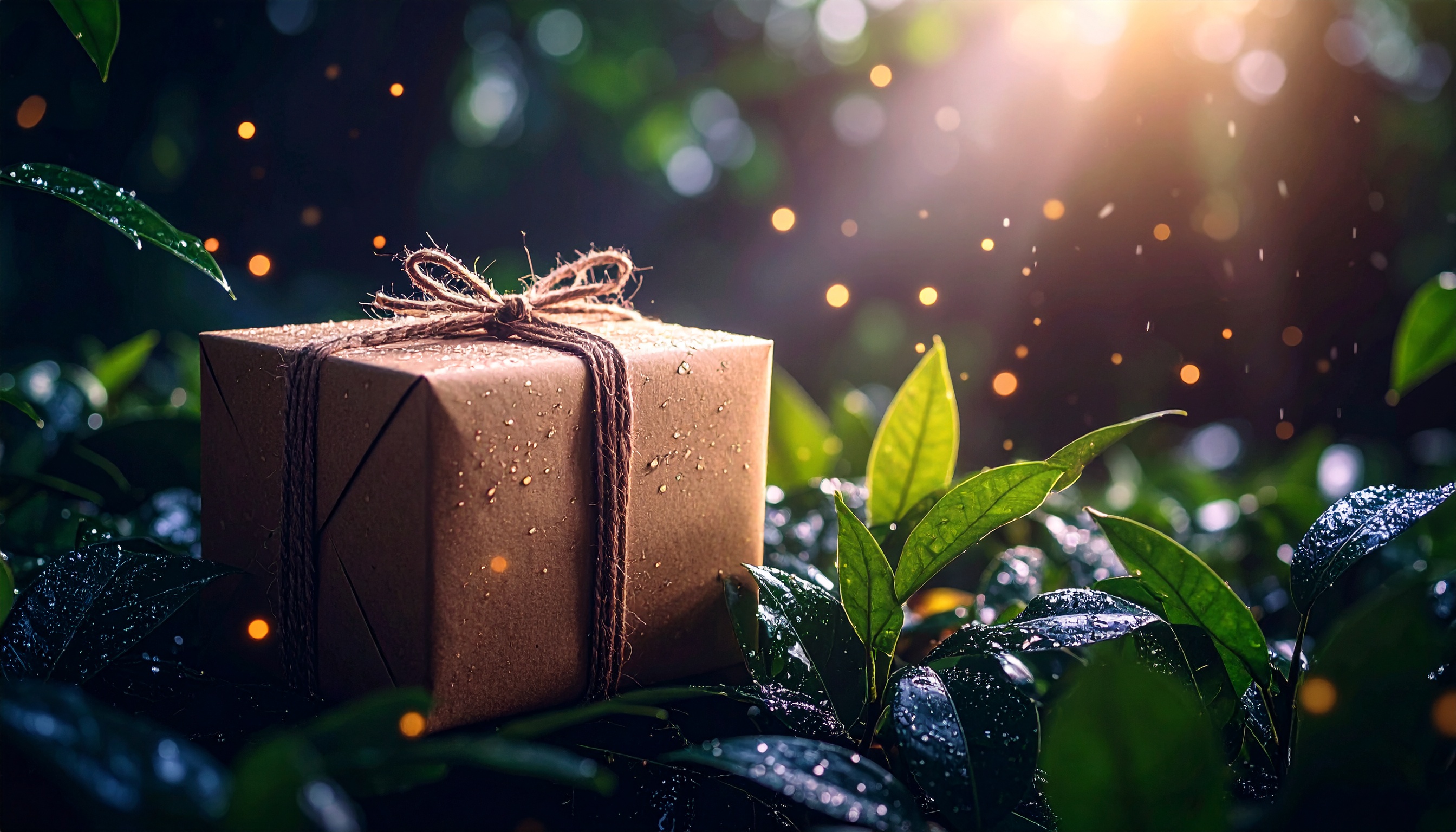 Caixa de presente amarrada com barbante repousa sobre folhas verdes úmidas, iluminada por luz suave e partículas brilhantes ao entardecer, criando uma atmosfera mágica e serena.