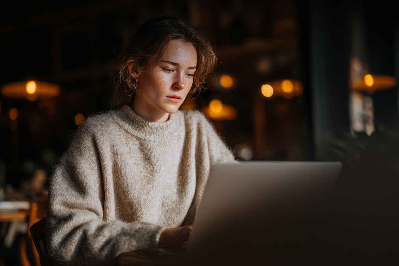 Mulher concentrada trabalha em laptop em um café aconchegante com iluminação suave. Ambiente acolhedor sugere foco e produtividade em espaço inspirador.