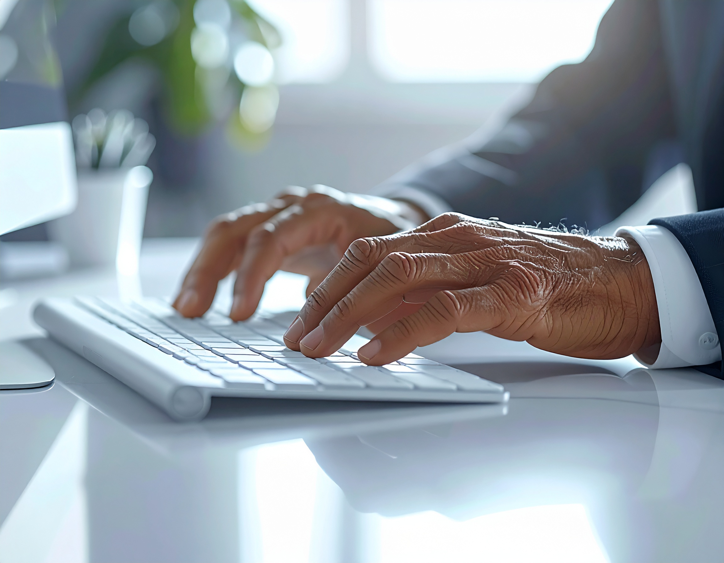 Mãos masculinas digitando em teclado branco sobre mesa brilhante, foco seletivo destaca textura da pele e reflexos sutis. Luminosidade suave de escritório cria ambiente profissional e moderno.