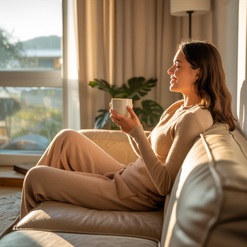 Woman Relaxing on Leather Sofa with Coffee