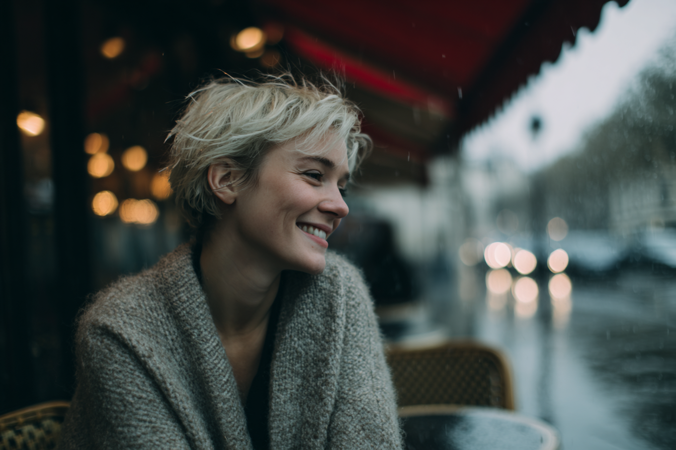 Mulher sorrindo enquanto se senta em um café em um dia chuvoso. Ela veste um suéter aconchegante e tem cabelo curto e despenteado. Ao fundo, estão visíveis as luzes de um restaurante e o cenário urbano em um dia nublado.