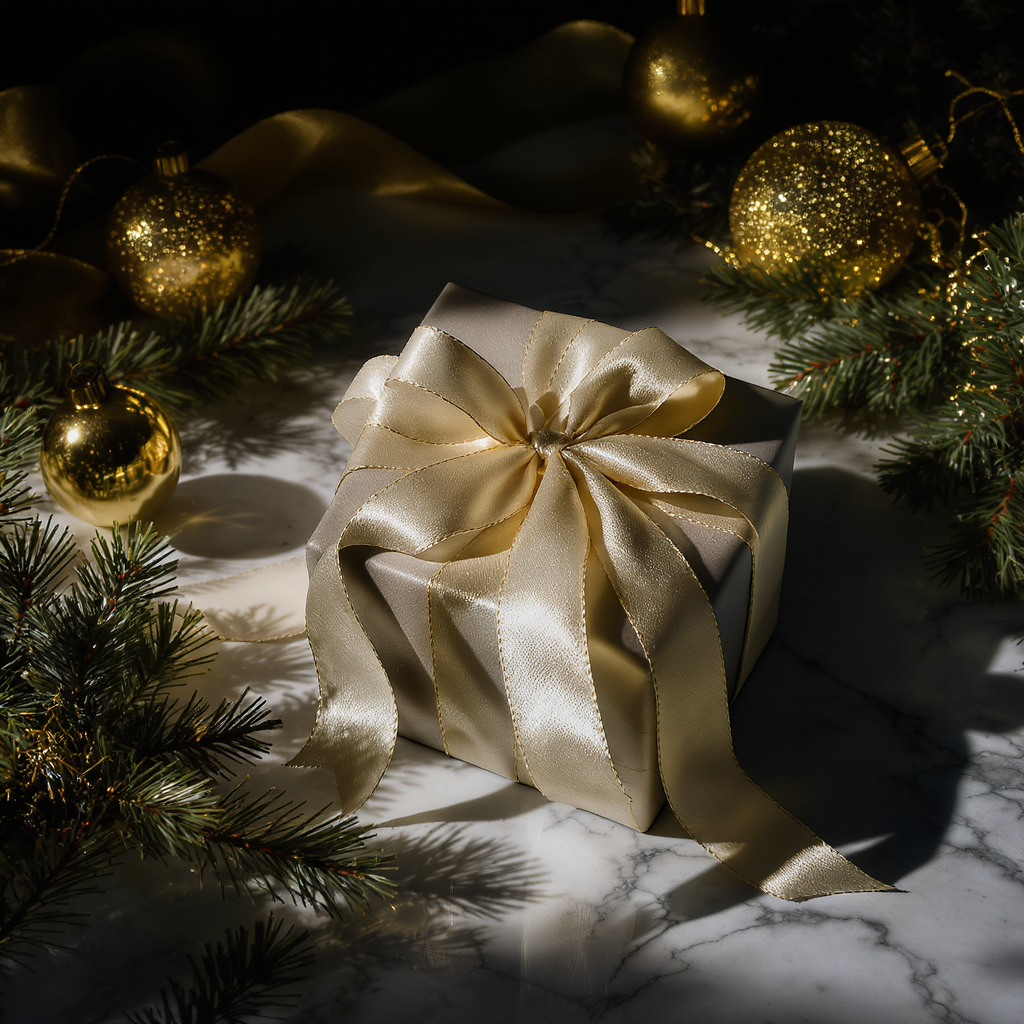 Caixa de presente luxuosa adornada com fita dourada em ambiente natalino, cercada por bolas decorativas douradas e ramos de pinheiro. Iluminação suave destaca o brilho metálico e cria uma atmosfera festiva e elegante, em composição equilibrada sobre superfície de mármore.