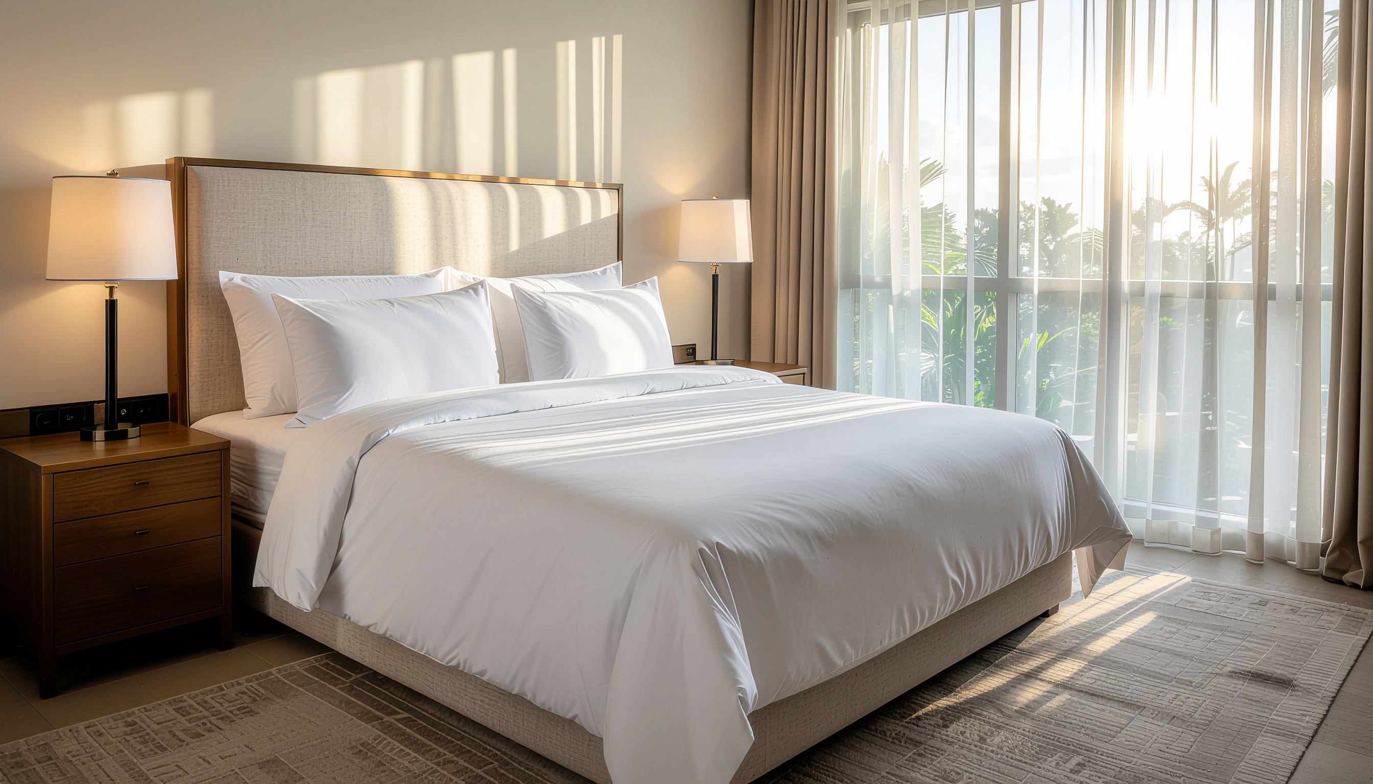 Quarto iluminado pelo sol com cama de lençóis brancos, cabeceira de madeira e abajures simétricos. Cortinas translúcidas revelam uma vista externa verdejante.