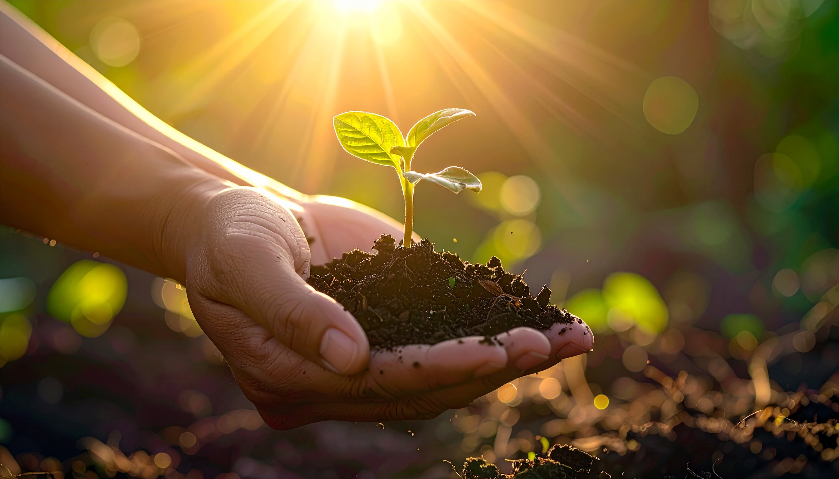 Mãos segurando uma muda de planta em solo escuro, banhada por luz solar suave que cria um efeito de halo dourado, simbolizando crescimento e cuidado com o meio ambiente. A imagem destaca a textura da terra e o frescor das folhas, com foco preciso e fundo desfocado que adiciona profundidade e serenidade à cena.
