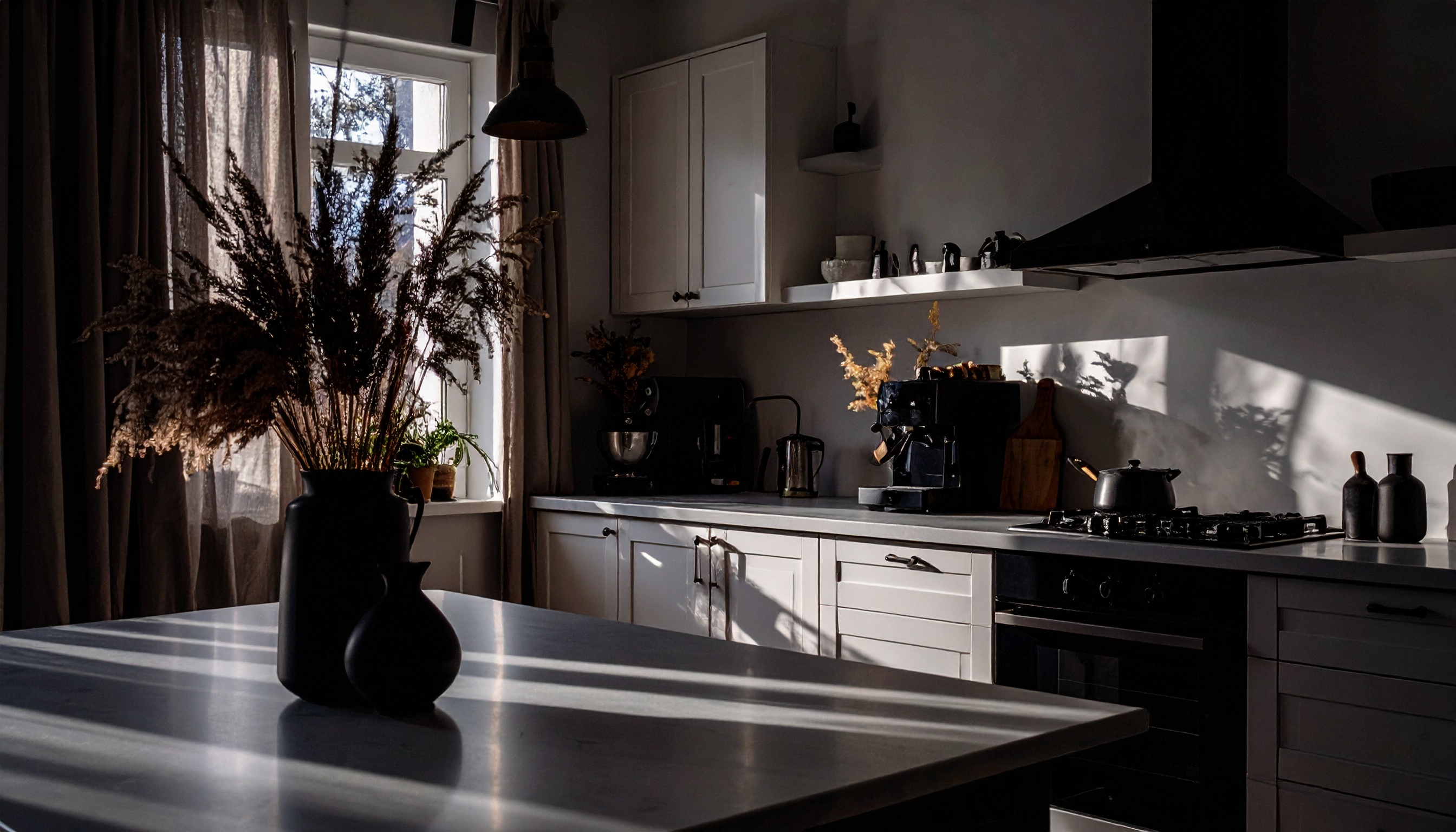 Cozinha moderna com tons neutros, destacando vaso preto com plantas secas sobre a mesa. A luz natural atravessa a janela, criando sombras dramáticas. Ambiente organizado com eletrodomésticos e decoração minimalista. Composição equilibrada em estilo contemporâneo.