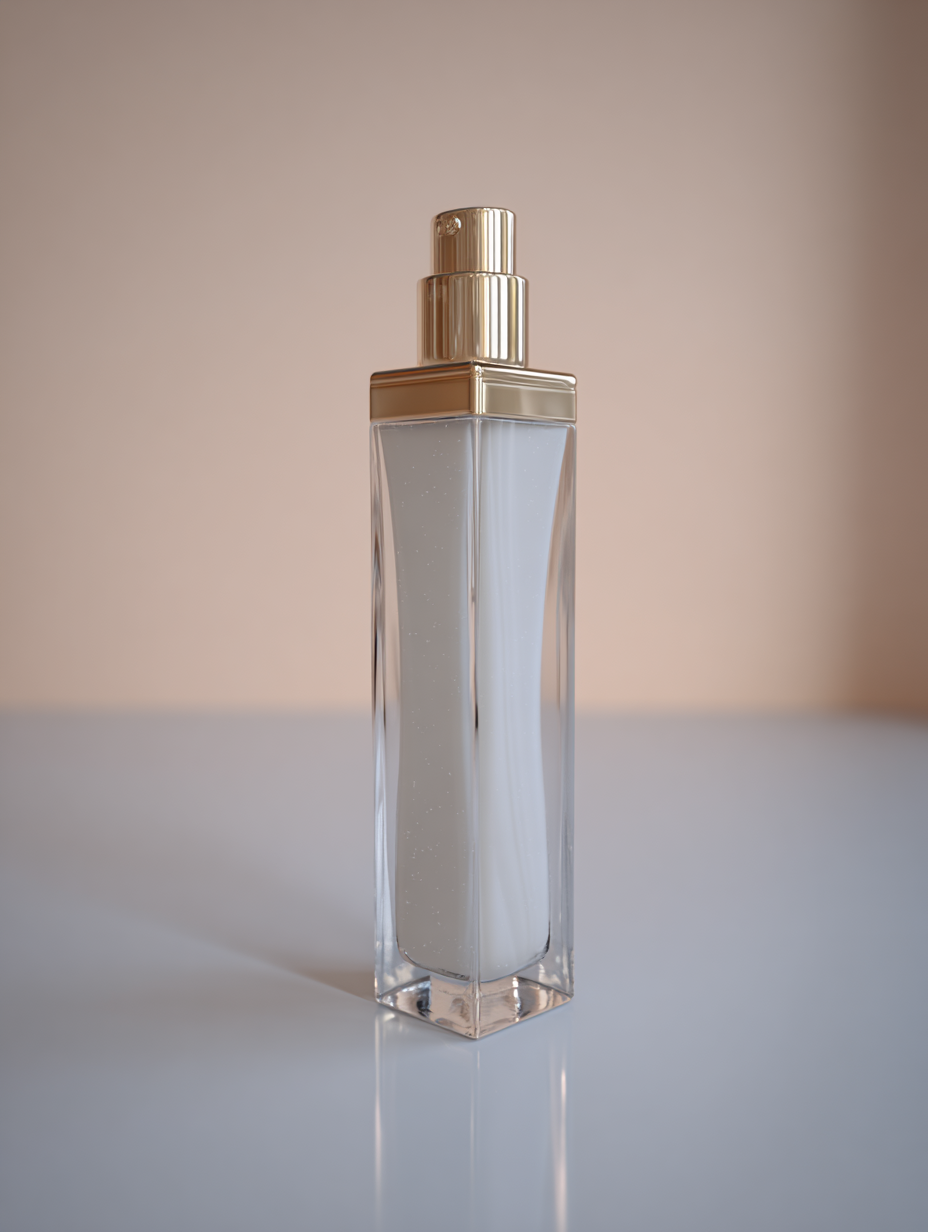 Frasco de perfume elegante com tampa dourada sobre superfície reflexiva. Fundo neutro bege. Vidro transparente revela líquido esbranquiçado. Iluminação suave cria ambiente sofisticado.