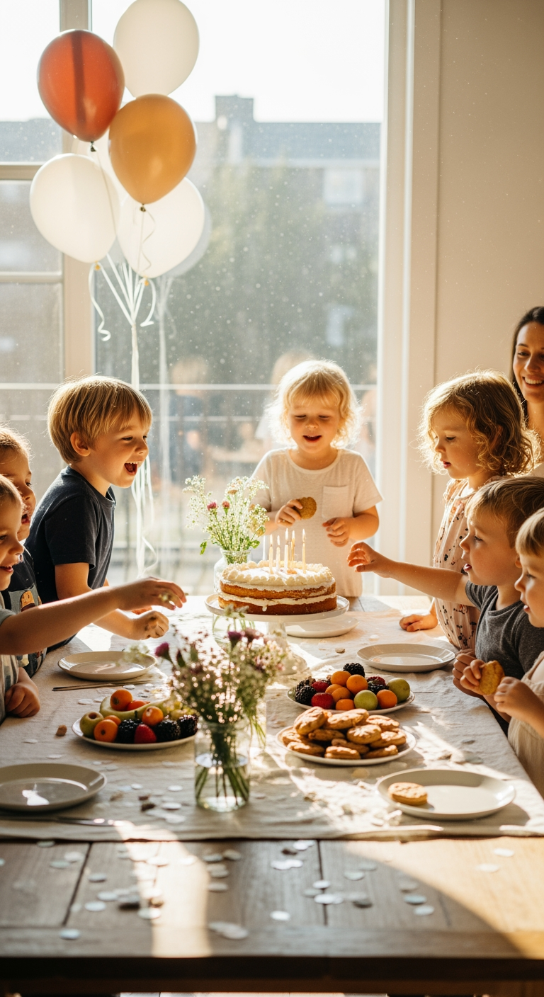 A joyful children's birthday party features a well-decorated table with cakes, fruits, and balloons