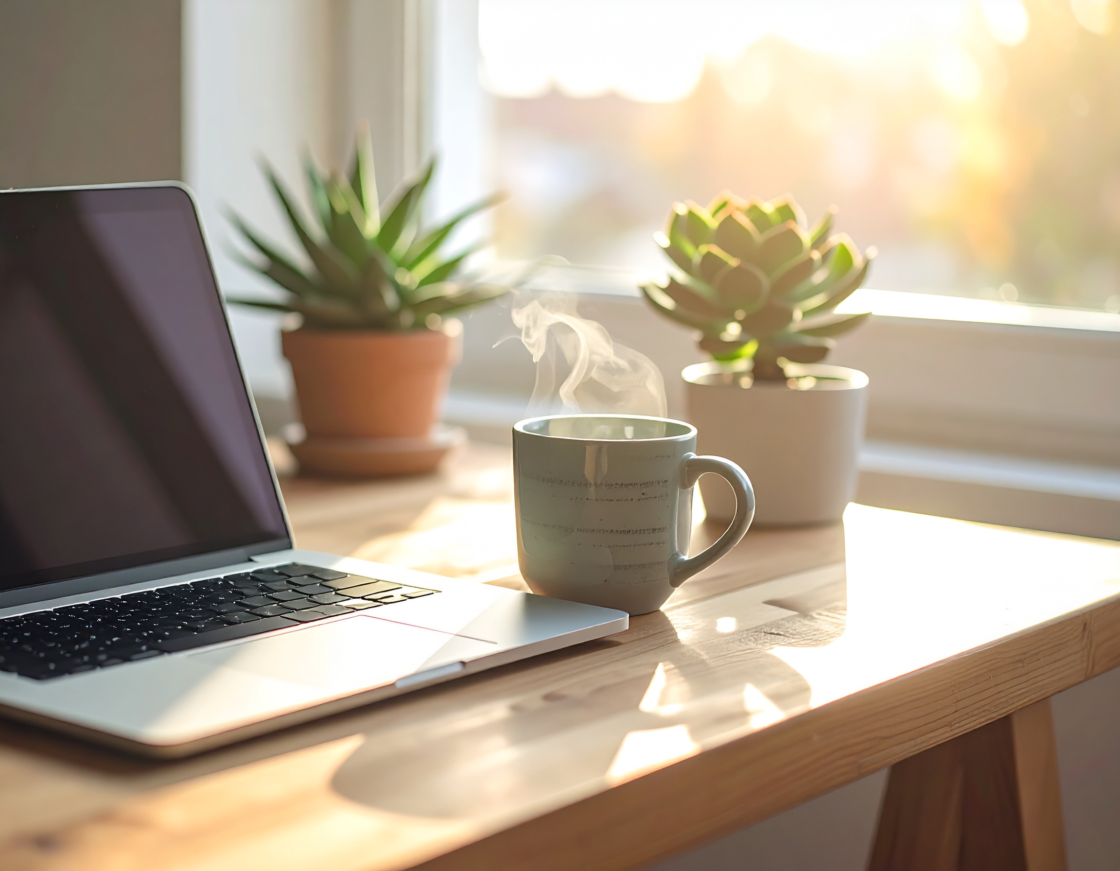 A cozy workspace features a laptop and a steaming mug on a sunlit wooden desk