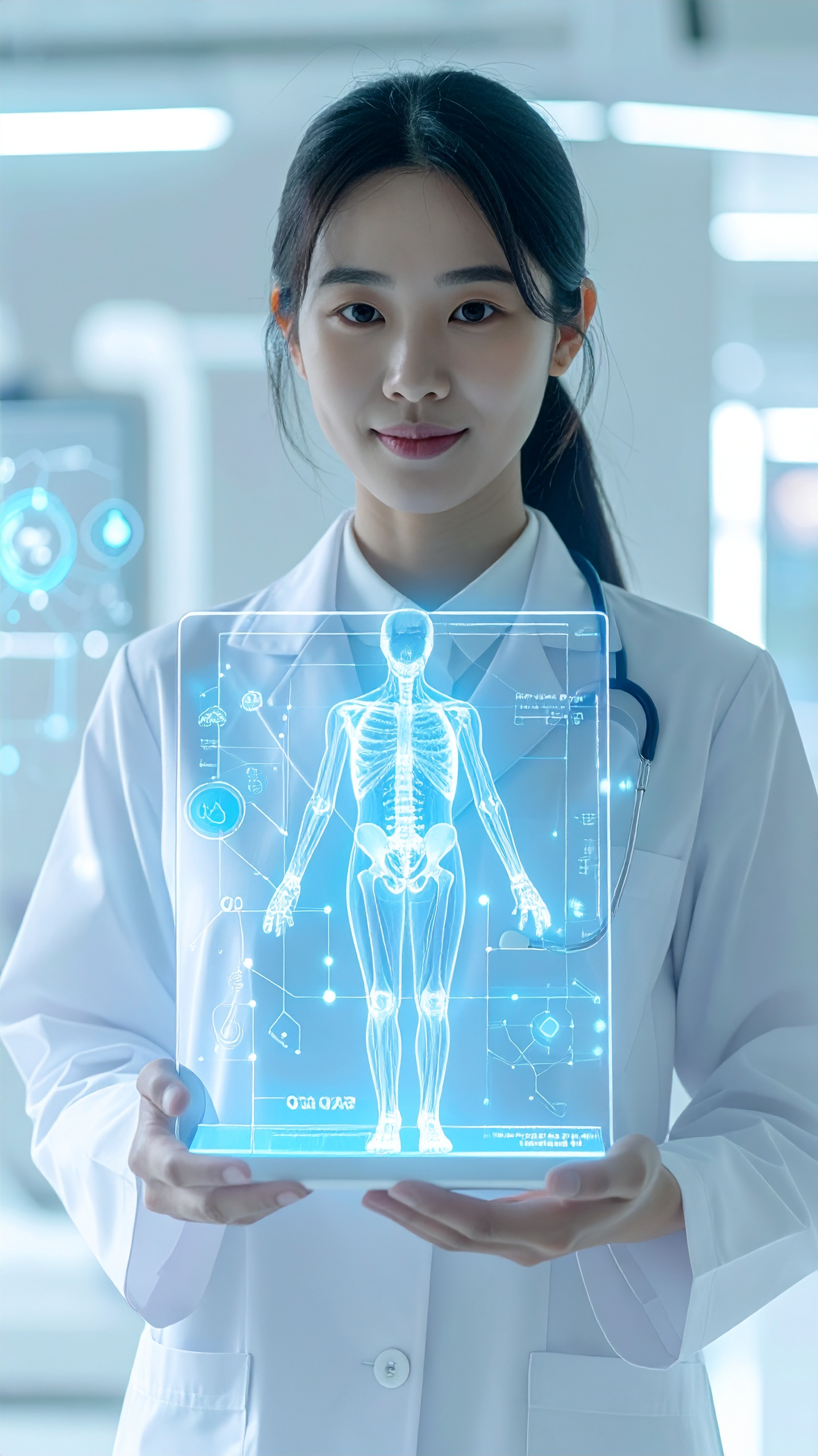 A medical professional holds a futuristic holographic display of a human skeleton