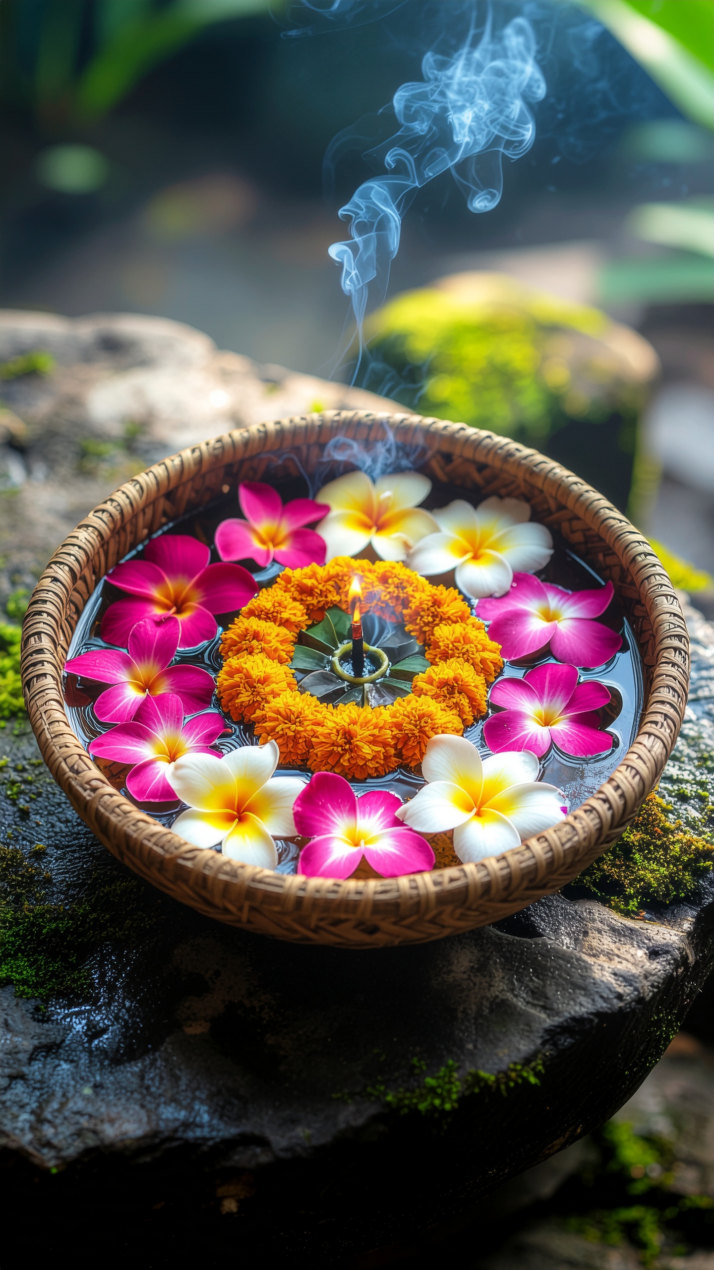 Cesto de vime com flores coloridas e vela acesa em superfície de pedra. Ideal para decoração de ambientes zen ou cerimônias de bem-estar, a combinação de flores frangipani e uma vela central oferece serenidade. O contraste entre as flores vibrantes e a luz suave da vela cria uma atmosfera tranquila. Perfeito para uso em espaços de meditação ou eventos ao ar livre, trazendo uma sensação de paz. Além disso, é um elemento decorativo versátil que pode enriquecer qualquer ambiente.