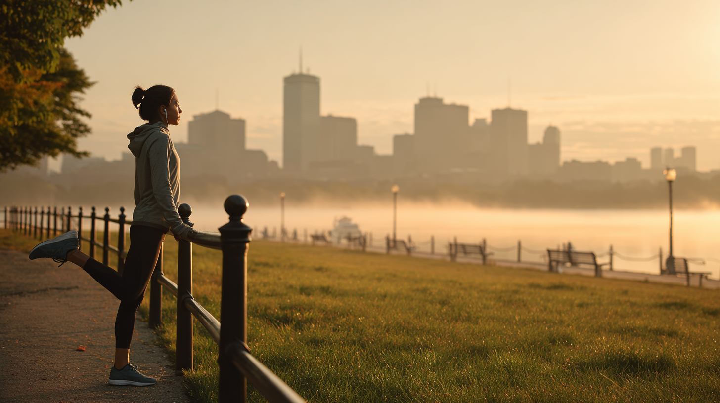 Mulher alongando na beira de um parque ao amanhecer, com a cidade ao fundo e neblina sobre o lago. Vista de perfil, ela usa roupa de treino e fones de ouvido, aproveitando a tranquilidade da manhã.