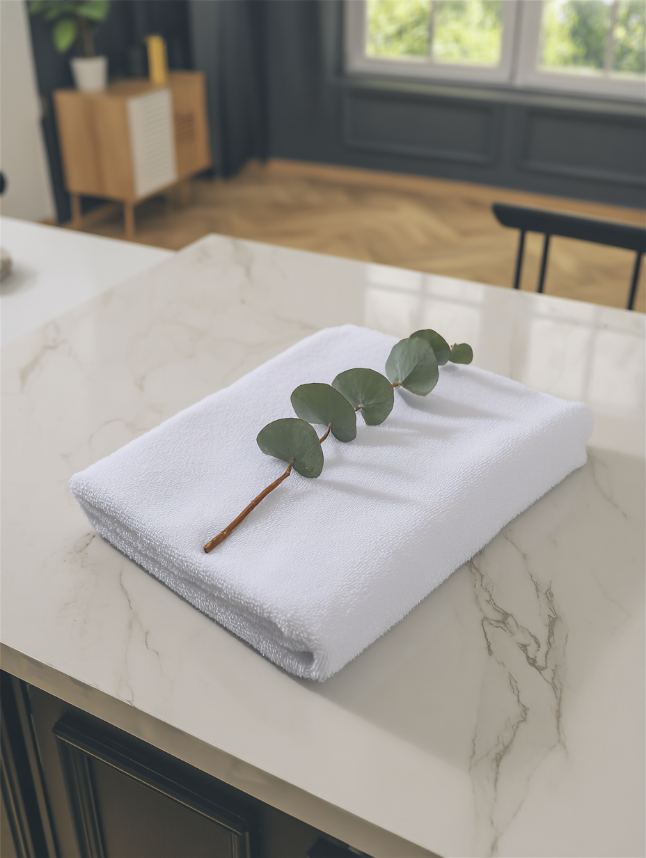 Toalha branca dobrada com um ramo de eucalipto no topo de uma bancada de mármore em um ambiente moderno e minimalista, transmitindo serenidade e limpeza.
