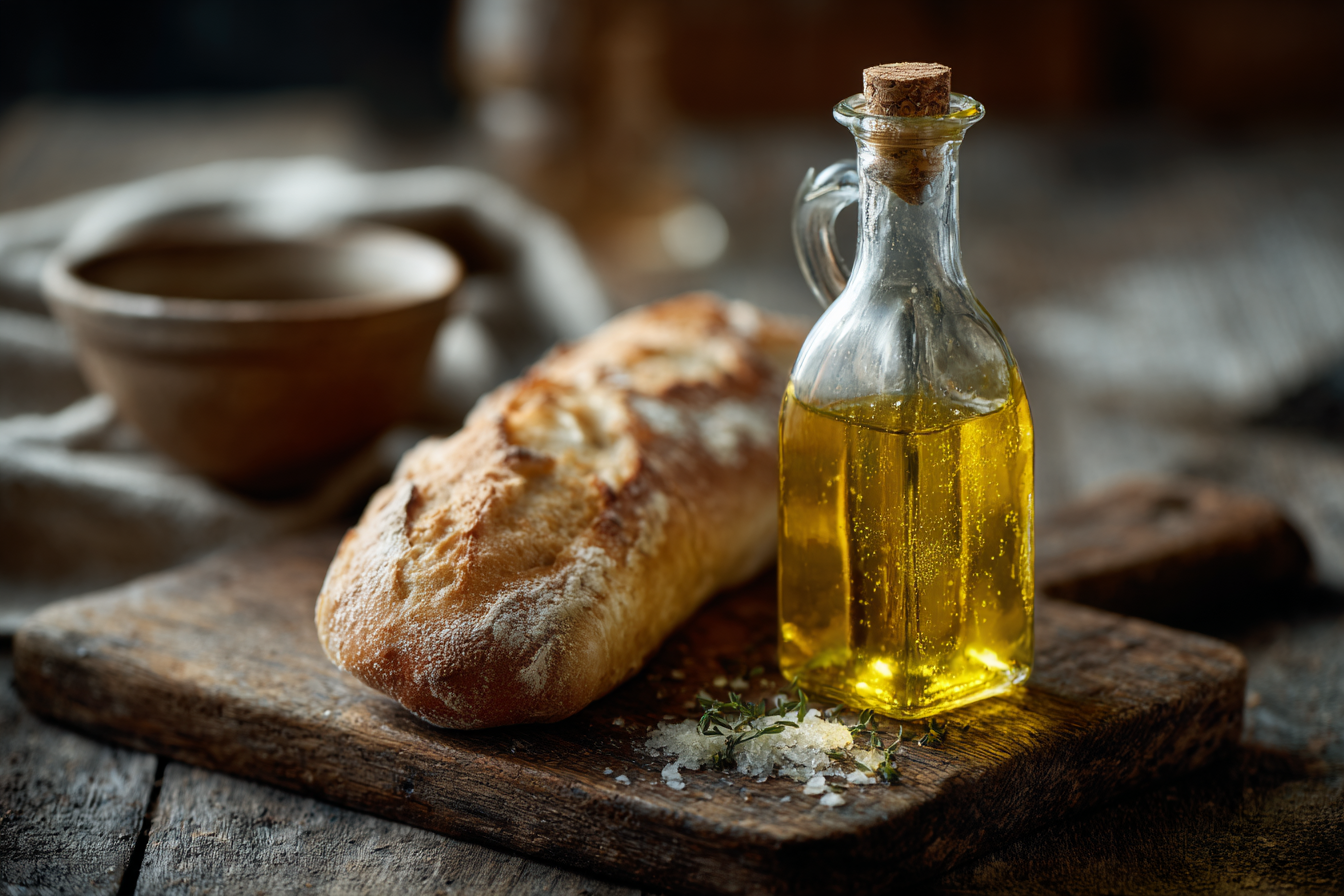 A imagem apresenta um ambiente rústico e acolhedor, com um pão crocante ao lado de um recipiente de vidro contendo azeite. O pão, com uma crosta dourada e textura irregular, repousa sobre uma tábua de madeira escura, enquanto o azeite, de um amarelo vibrante, reflete a luz. Perto do azeite, há um pouco de sal e ramos de tomilho, adicionando um toque de frescor ao cenário. O fundo desfocado sugere um ambiente caseiro, com uma toalha de linho em tons neutros.