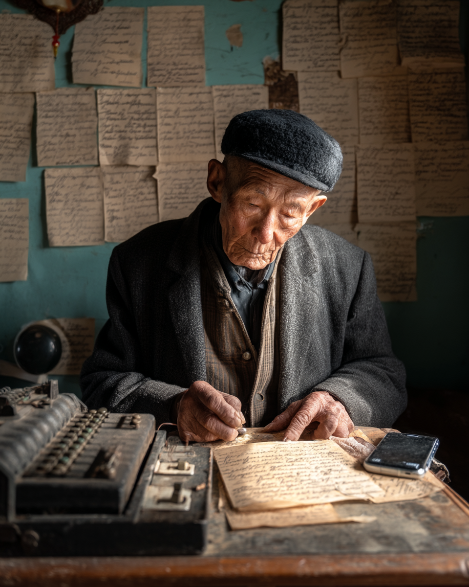 Um idoso concentrado escrevendo à mão em papéis amarelados, utilizando uma máquina de escrever antiga. O ambiente é rústico, com paredes cobertas por documentos escritos à mão, destacando a importância da escrita e da história pessoal. A cena transmite nostalgia e a conexão entre passado e presente.
