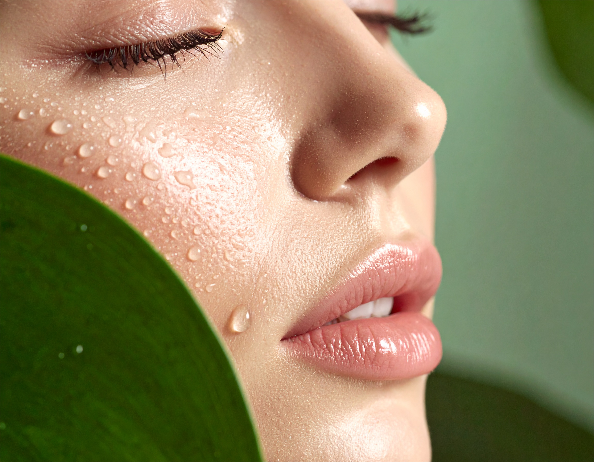 Close-up de rosto feminino com pele úmida e gotas de água, destacando textura e suavidade em composição minimalista. A luz suave e natural realça os detalhes do rosto, enquanto uma folha verde no primeiro plano adiciona um toque orgânico e fresco. A imagem tem um foco nítido e uma paleta de cores suaves e naturais, criando uma atmosfera de pureza e frescor.