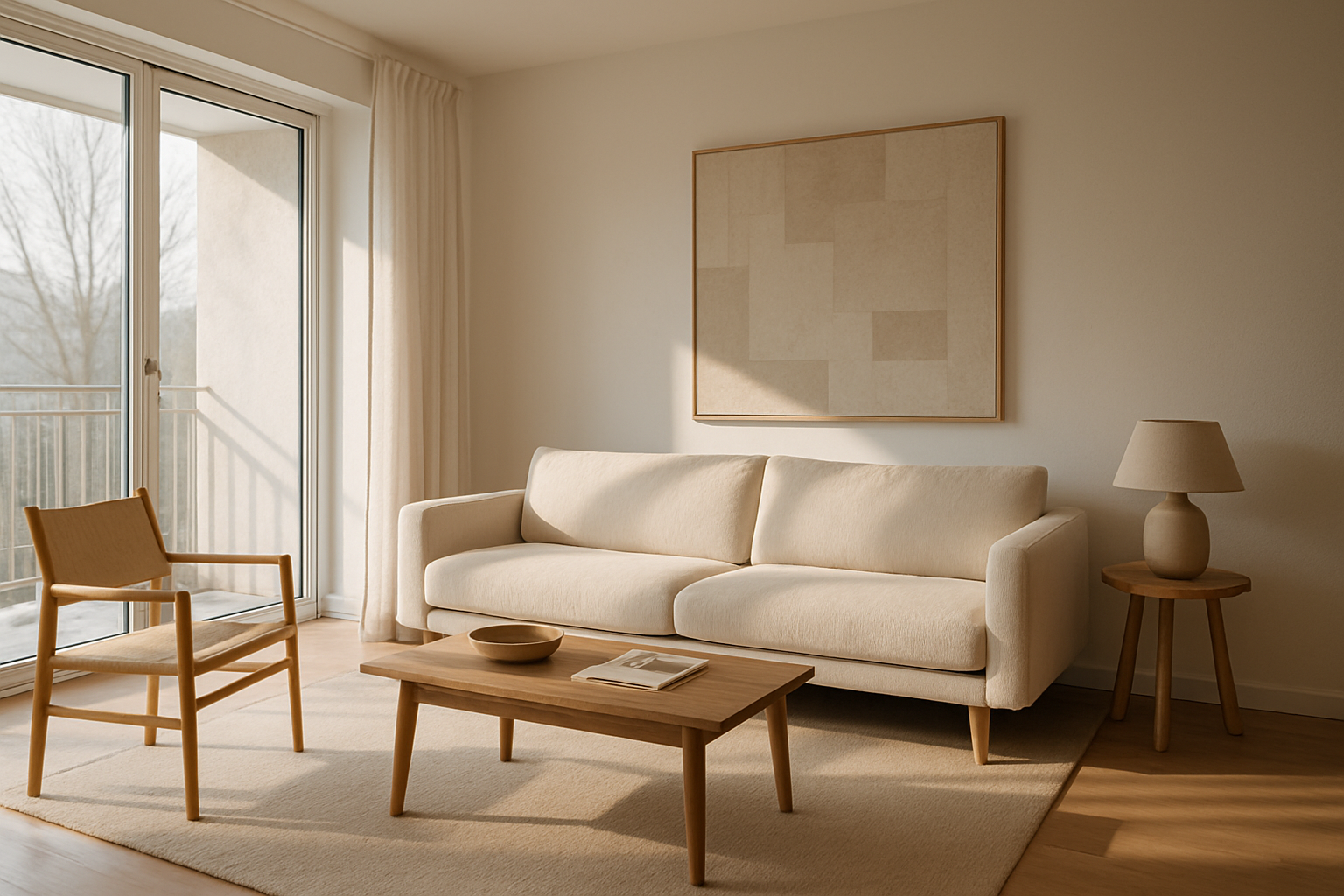 A cozy Scandinavian-style living room features a cream-colored sofa, wooden chair, and coffee table