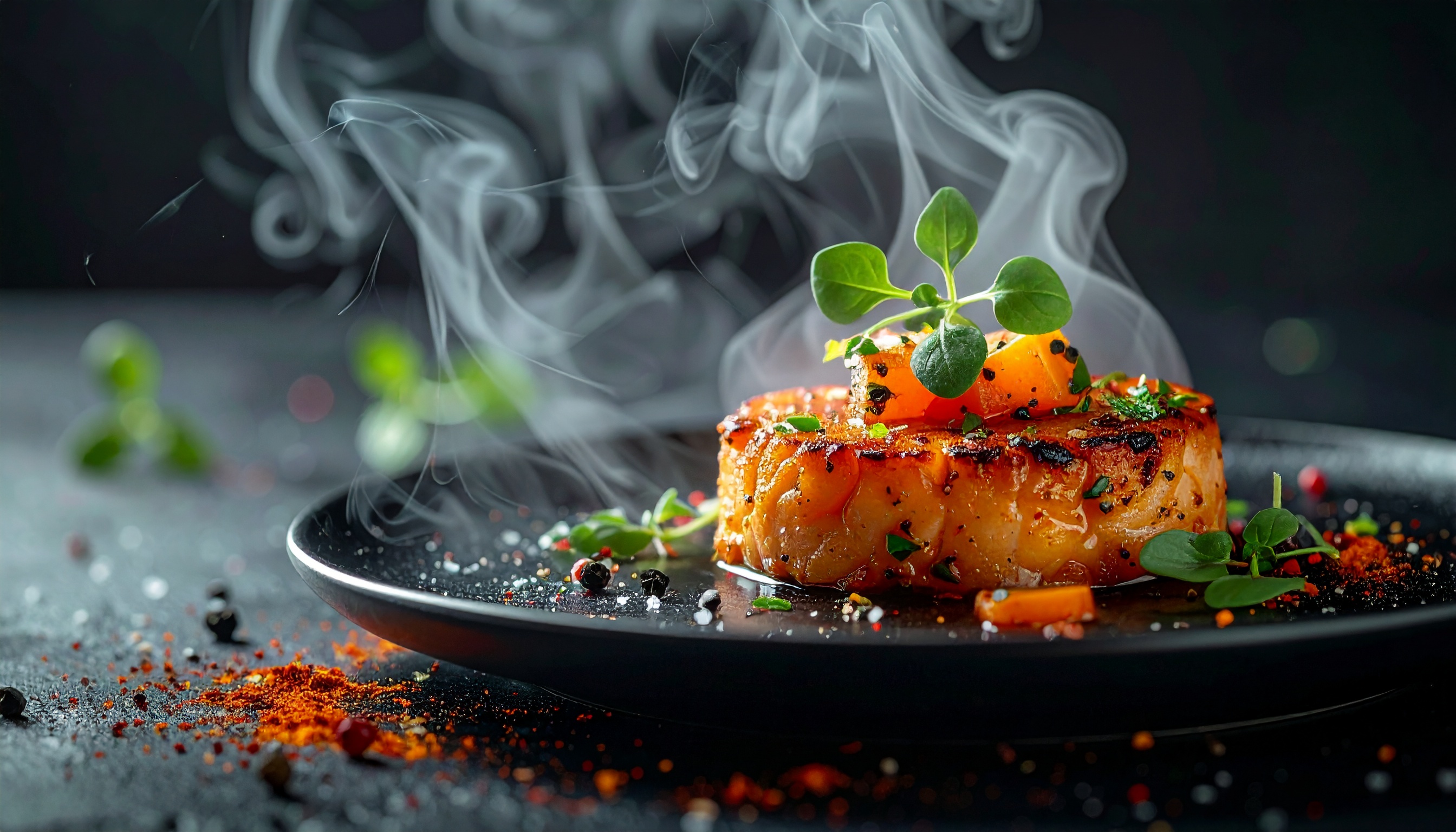 Prato gourmet com pedaço de salmão grelhado, coberto com ervas frescas e decorado com especiarias coloridas, em um prato preto. A fumaça sutil e o fundo escuro criam uma atmosfera sofisticada e elegante. A iluminação destaca a textura e as cores vibrantes dos ingredientes.