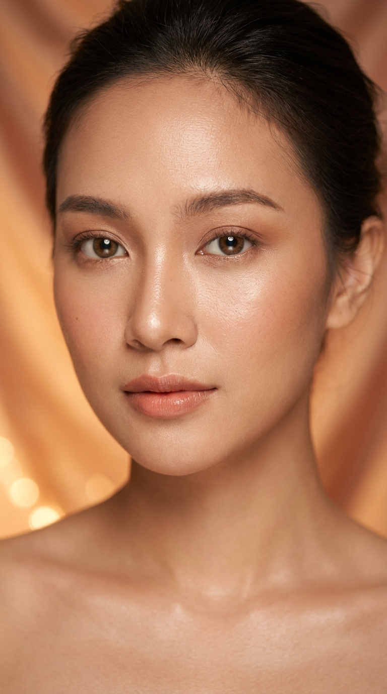 A close-up portrait of a woman against a warm, blurred background