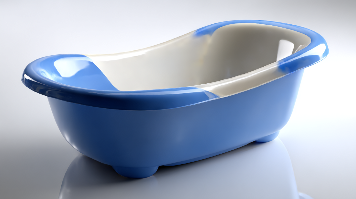 A imagem apresenta uma banheira plástica em formato oval, com uma combinação de cores azul e branca. A parte externa é predominantemente azul, enquanto o interior é branco, criando um contraste visual interessante. A superfície é brilhante e reflete luz, sugerindo um acabamento polido.