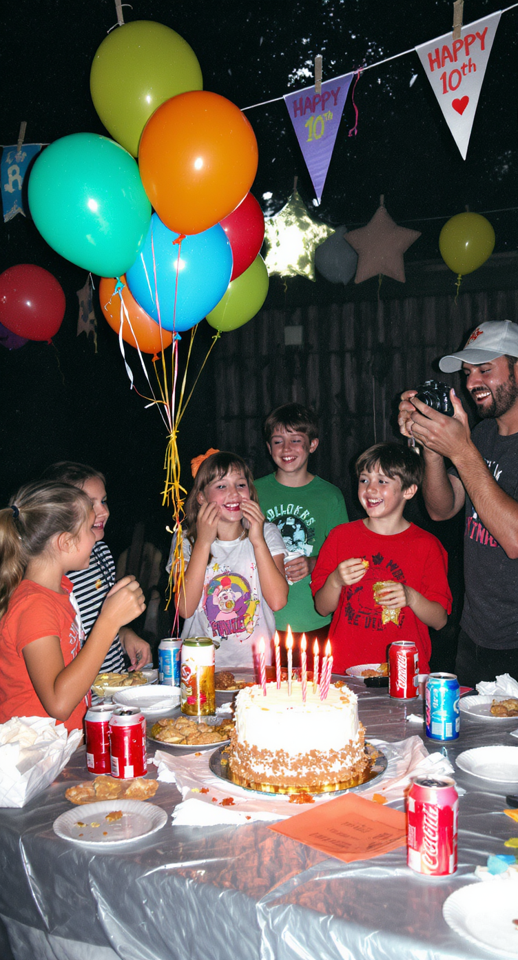 A joyful children's birthday party scene with colorful balloons and a cake with candles