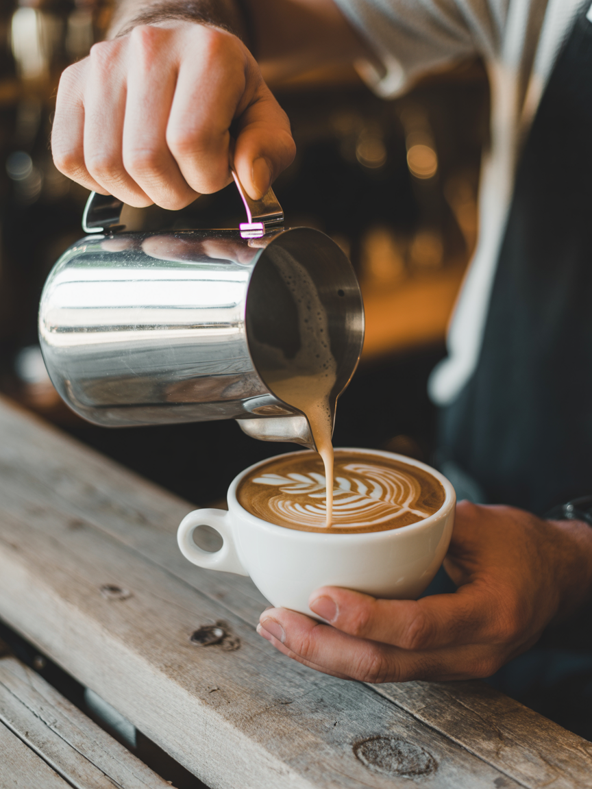 Um barista habilidoso despeja leite vaporizado em uma xícara de café, criando uma arte latte elaborada. A cena está bem iluminada, com foco na mão segurando a jarra metálica brilhante e a xícara branca. O fundo desfocado e a textura da madeira proporcionam um contraste rústico, destacando a delicadeza do design no café.