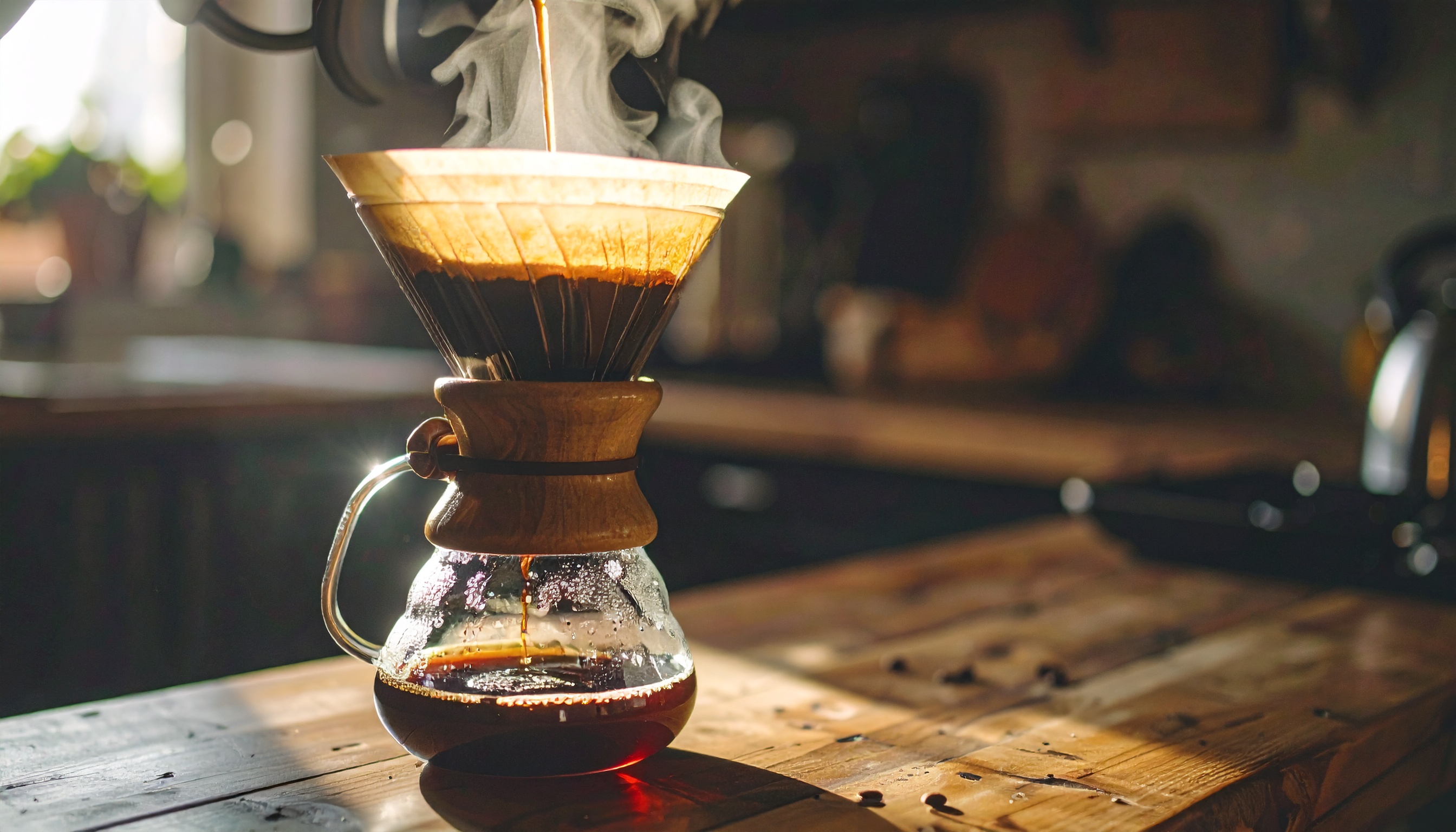 Cena de café sendo preparado em coador de vidro sobre bancada de madeira, com luz natural suave iluminando o vapor e realçando o tom quente do café. Ambiente aconchegante e rústico, com foco no processo artesanal e detalhe na textura do líquido.