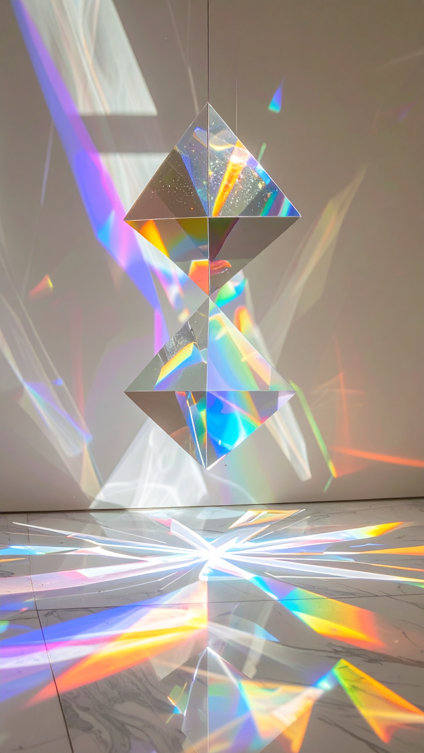 Suspended geometric prisms cast vibrant rainbow reflections