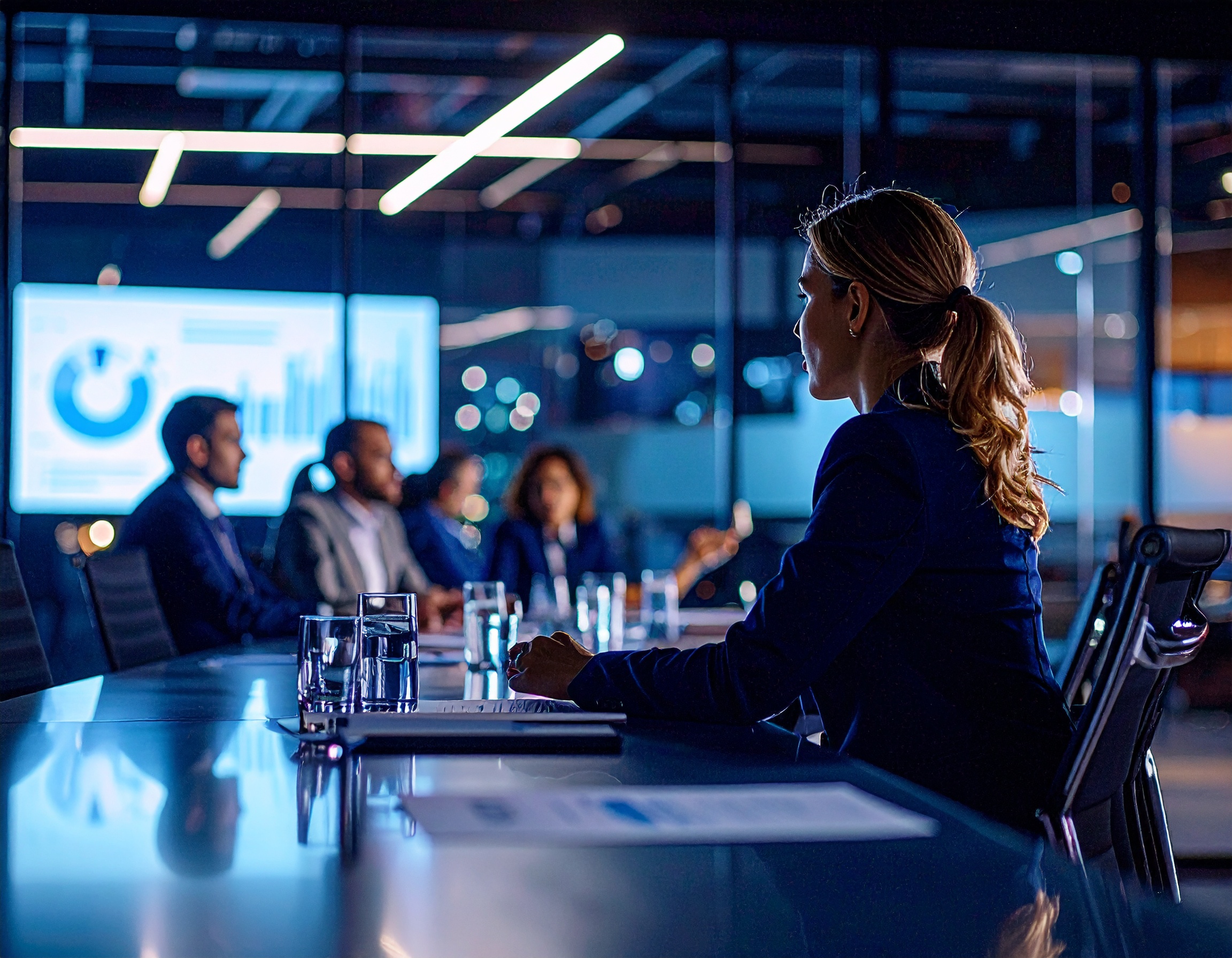 Reunião corporativa em uma sala de conferências moderna, com foco em uma mulher ao fundo, discutindo gráficos projetados. Iluminação azulada cria um ambiente profissional, com reflexos sutis na mesa de vidro e cadeiras alinhadas, transmitindo seriedade e foco.