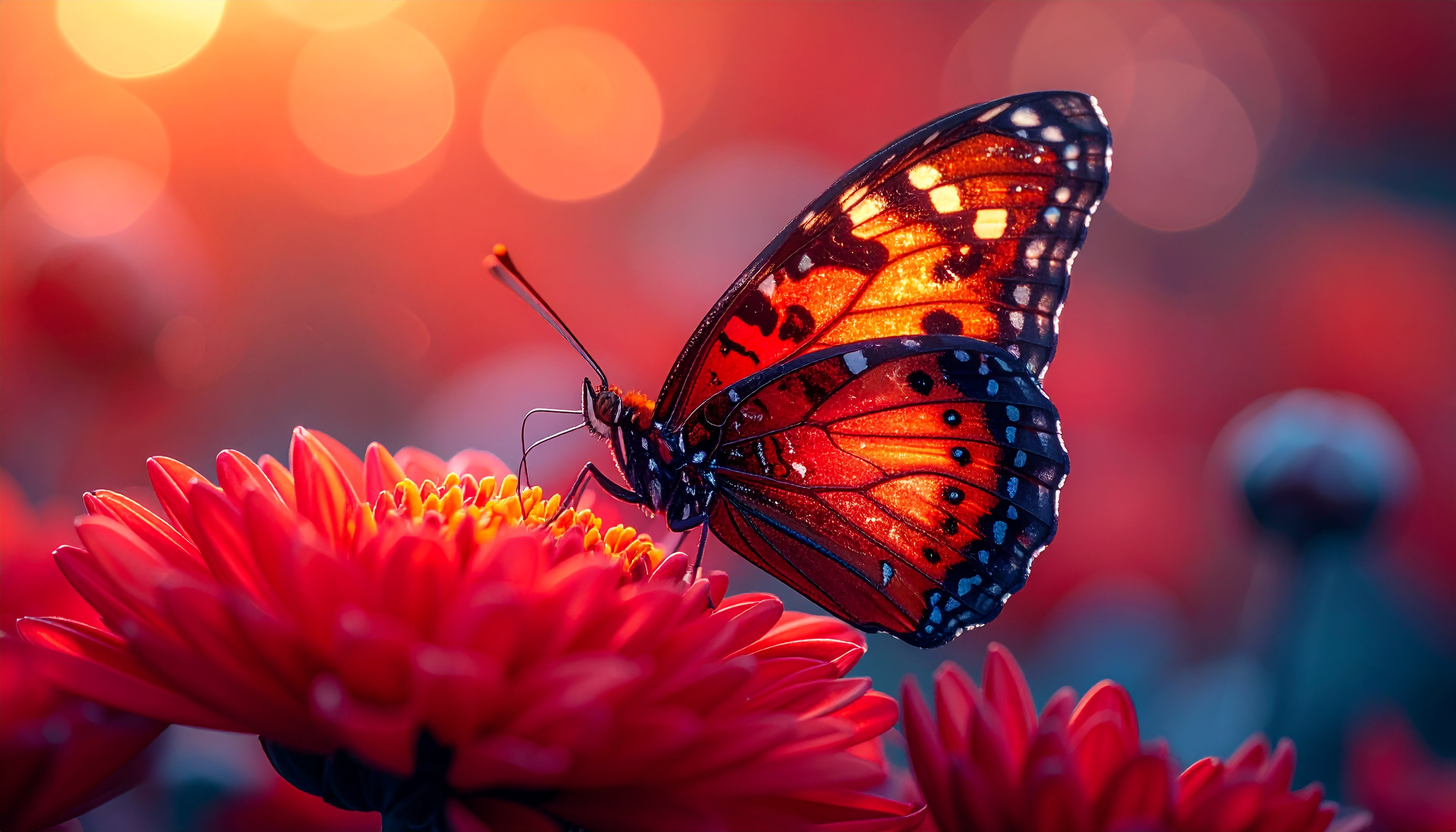 Orange and Black Butterfly on Vibrant Red Flowers